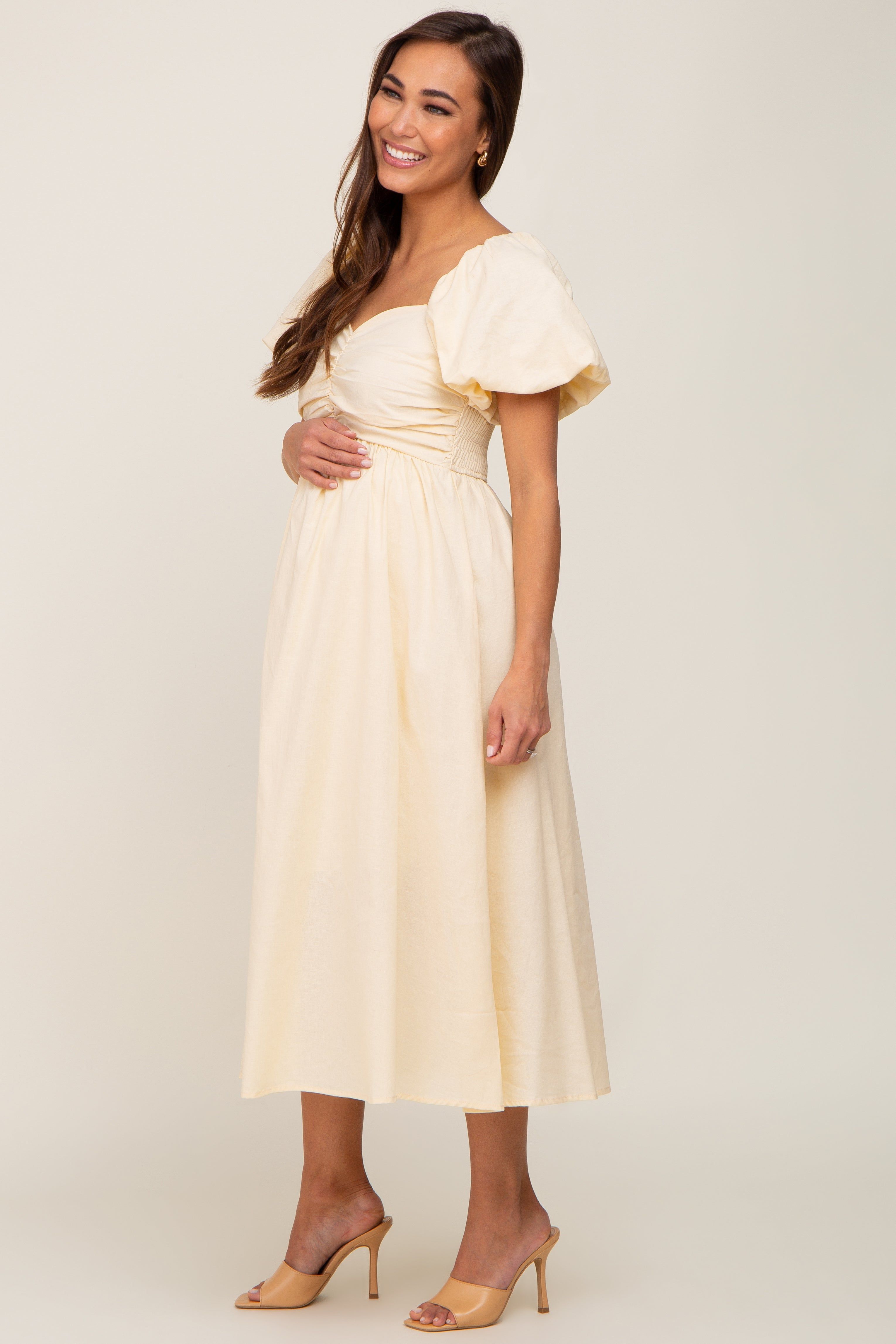 Yellow Sweetheart Neck Puff Sleeve Linen Maternity Midi Dress sold by Pinkblush product image thumbnail 2