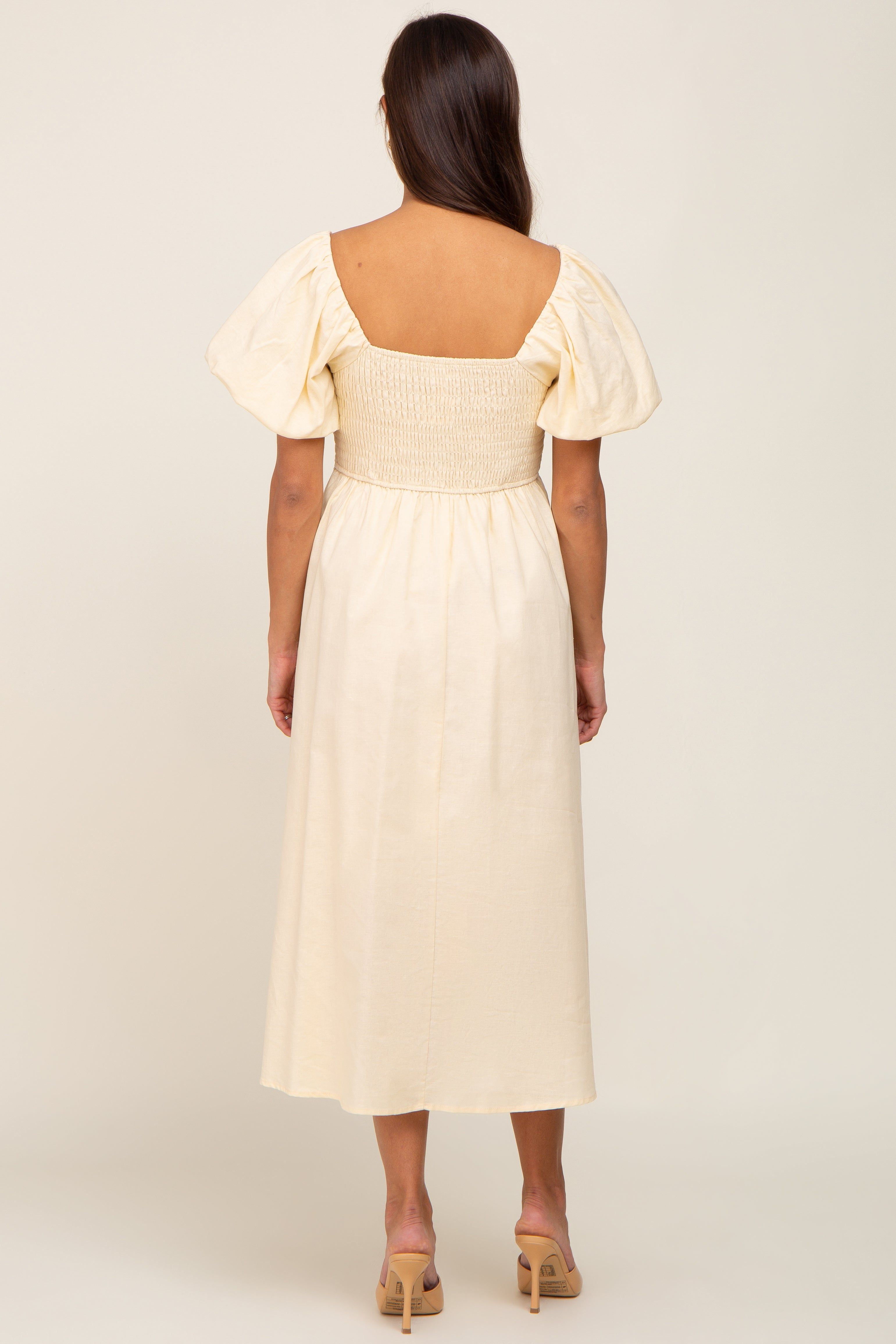 Yellow Sweetheart Neck Puff Sleeve Linen Maternity Midi Dress sold by Pinkblush product image thumbnail 3