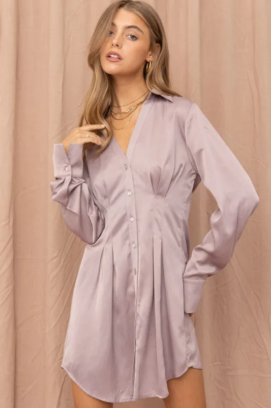 Ash Lilac Satin Shirt Dress sold by Pinkblush