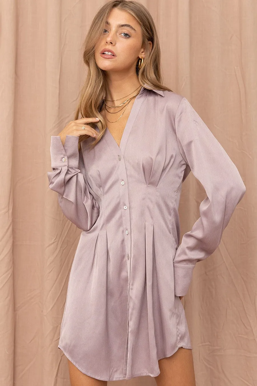 Ash Lilac Satin Shirt Dress sold by Pinkblush