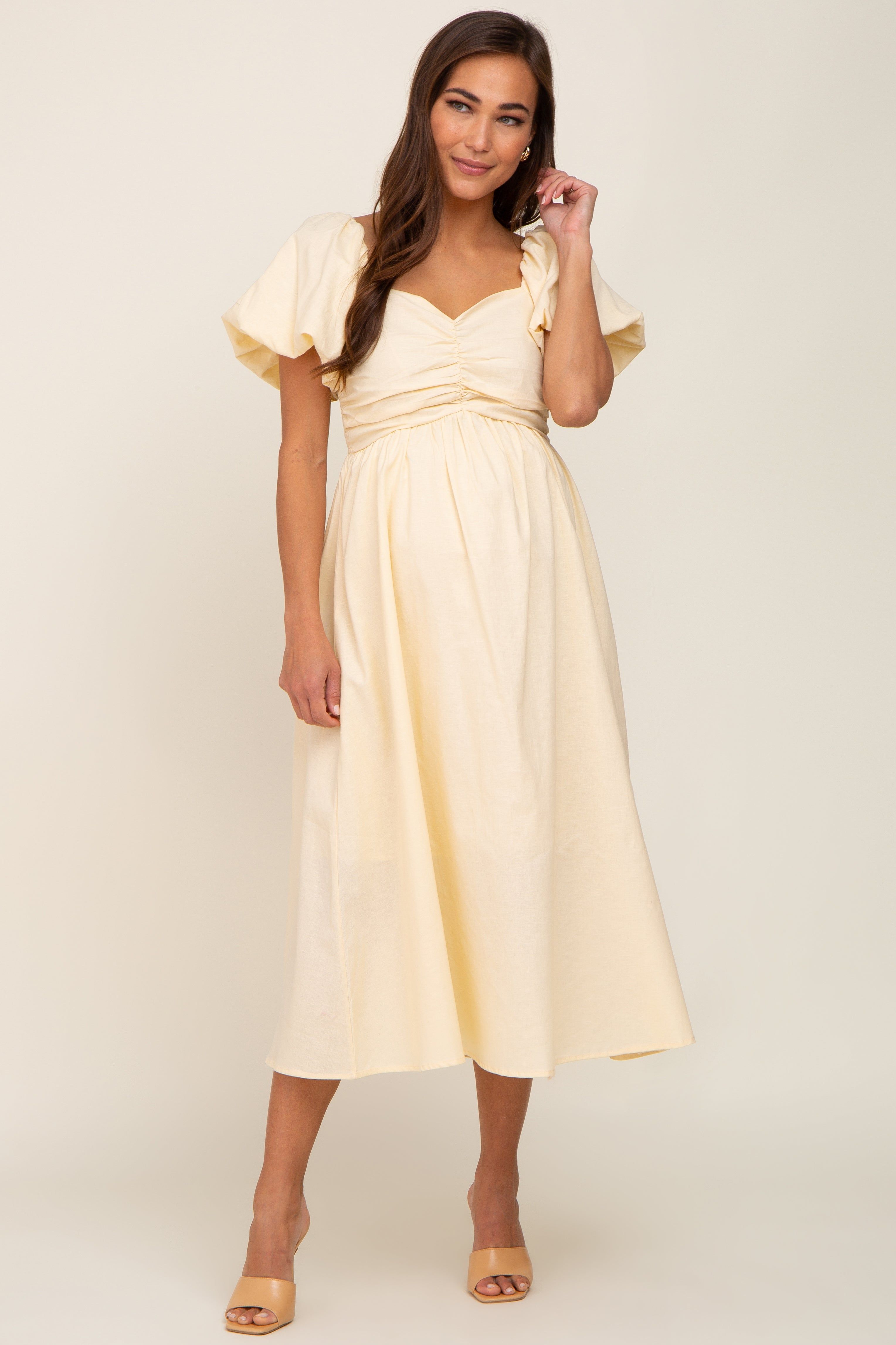 Yellow Sweetheart Neck Puff Sleeve Linen Maternity Midi Dress sold by Pinkblush product image thumbnail 4
