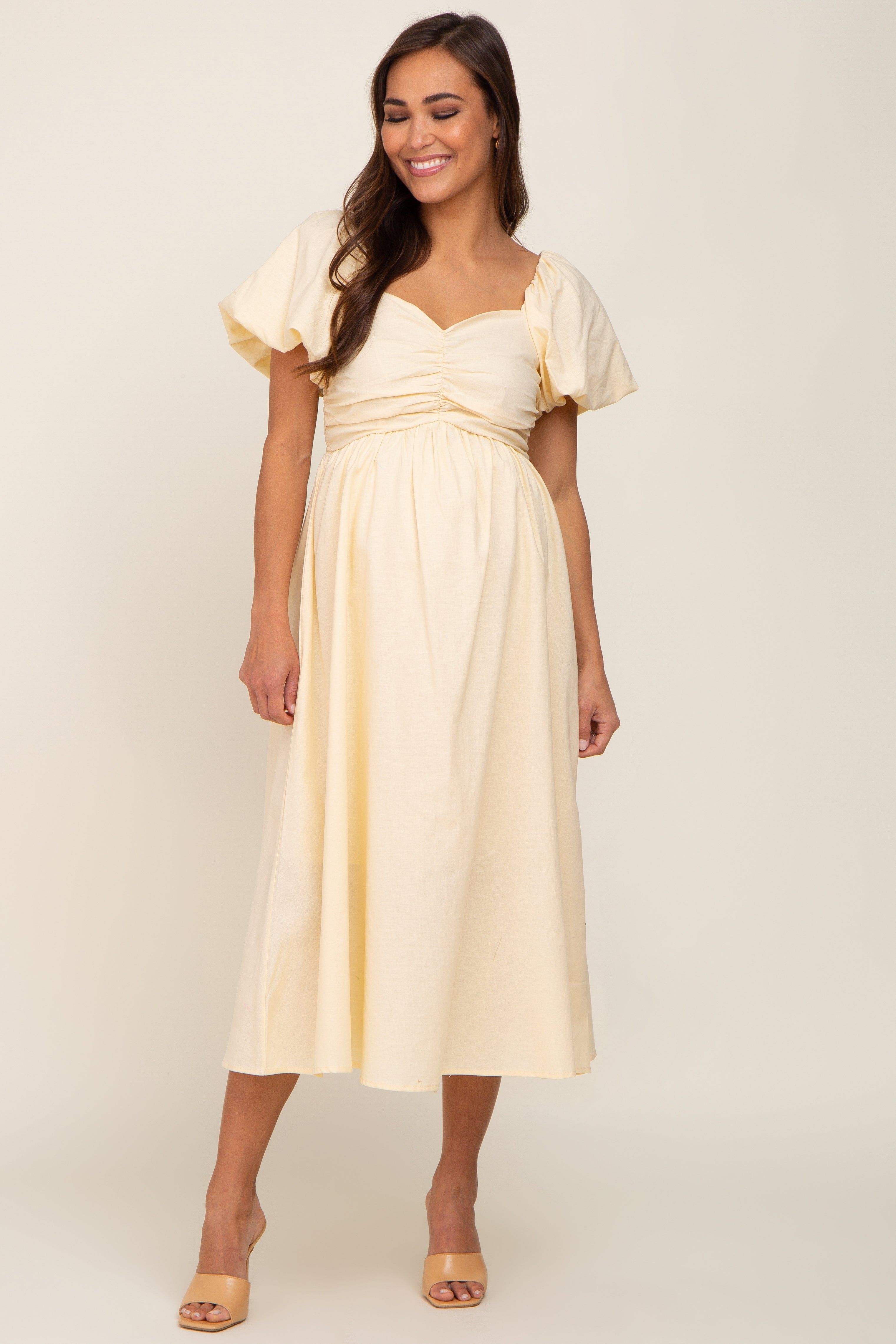 Yellow Sweetheart Neck Puff Sleeve Linen Maternity Midi Dress sold by Pinkblush