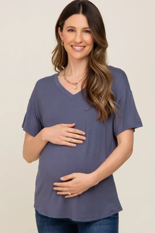 Blue V-Neck Basic Maternity Top sold by Pinkblush