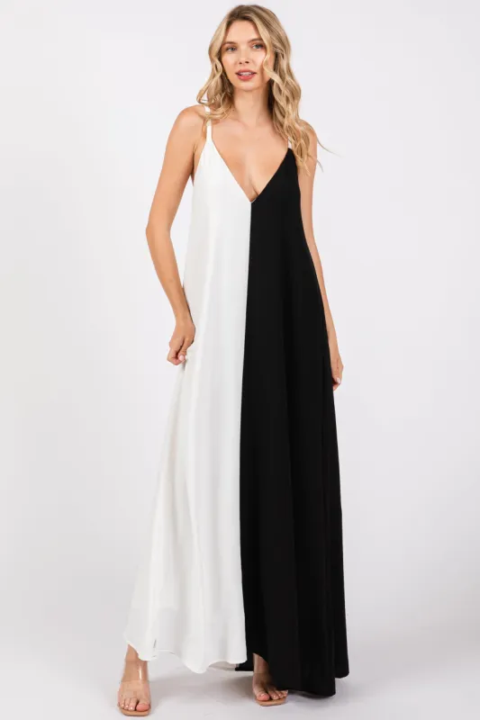 White Color Blocked V-Neck Maxi Dress sold by Pinkblush