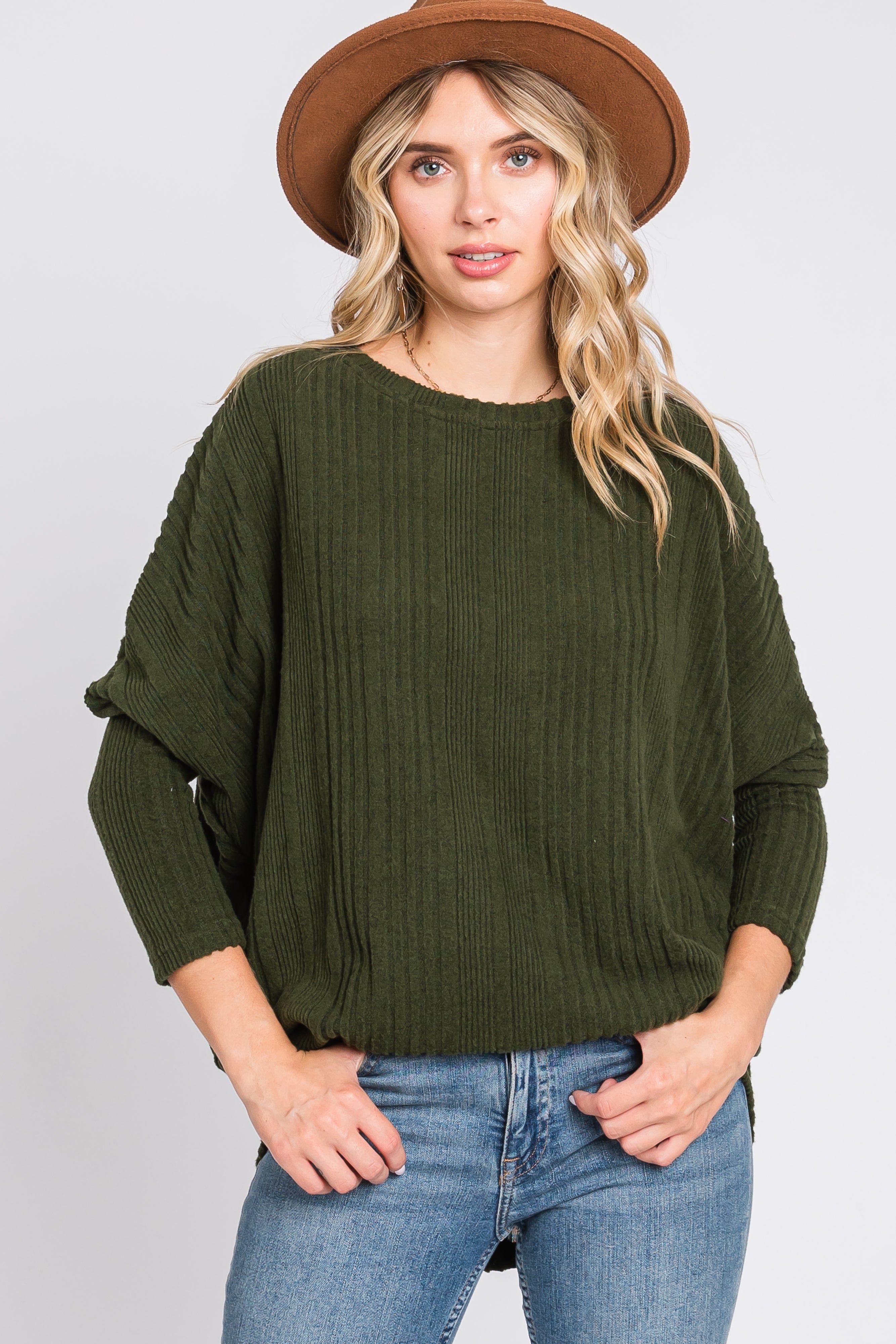 Olive Ribbed Brushed Knit Dolman Sleeve Maternity Top sold by Pinkblush product image thumbnail 4