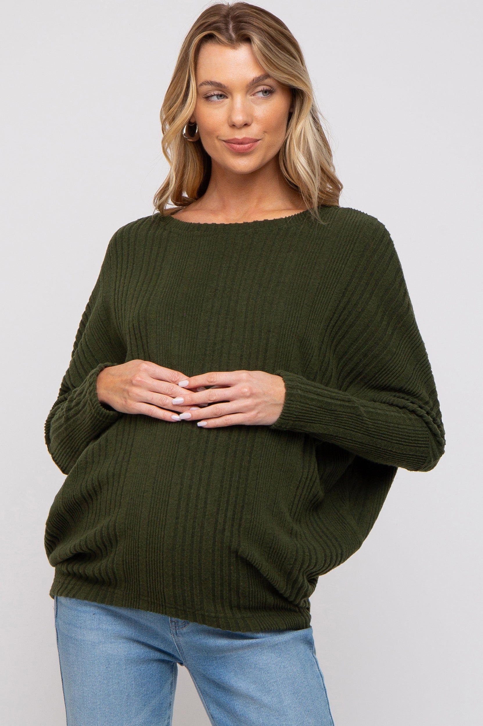 Olive Ribbed Brushed Knit Dolman Sleeve Maternity Top sold by Pinkblush