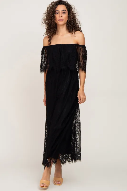 Black Lace Off Shoulder Maxi Dress sold by Pinkblush