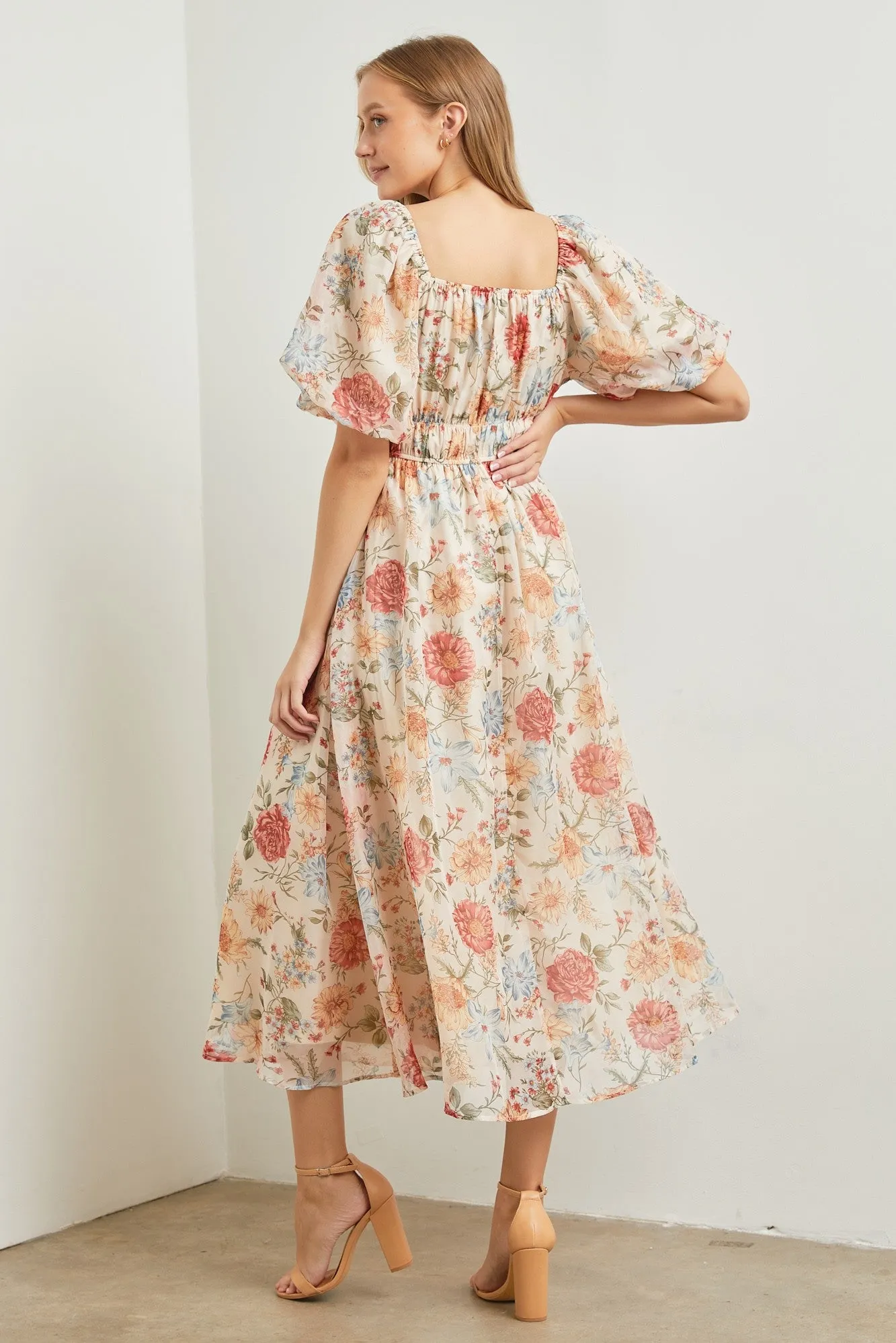 Cream Blue Floral Chiffon Puff Sleeve Midi Dress sold by Pinkblush product image thumbnail 4