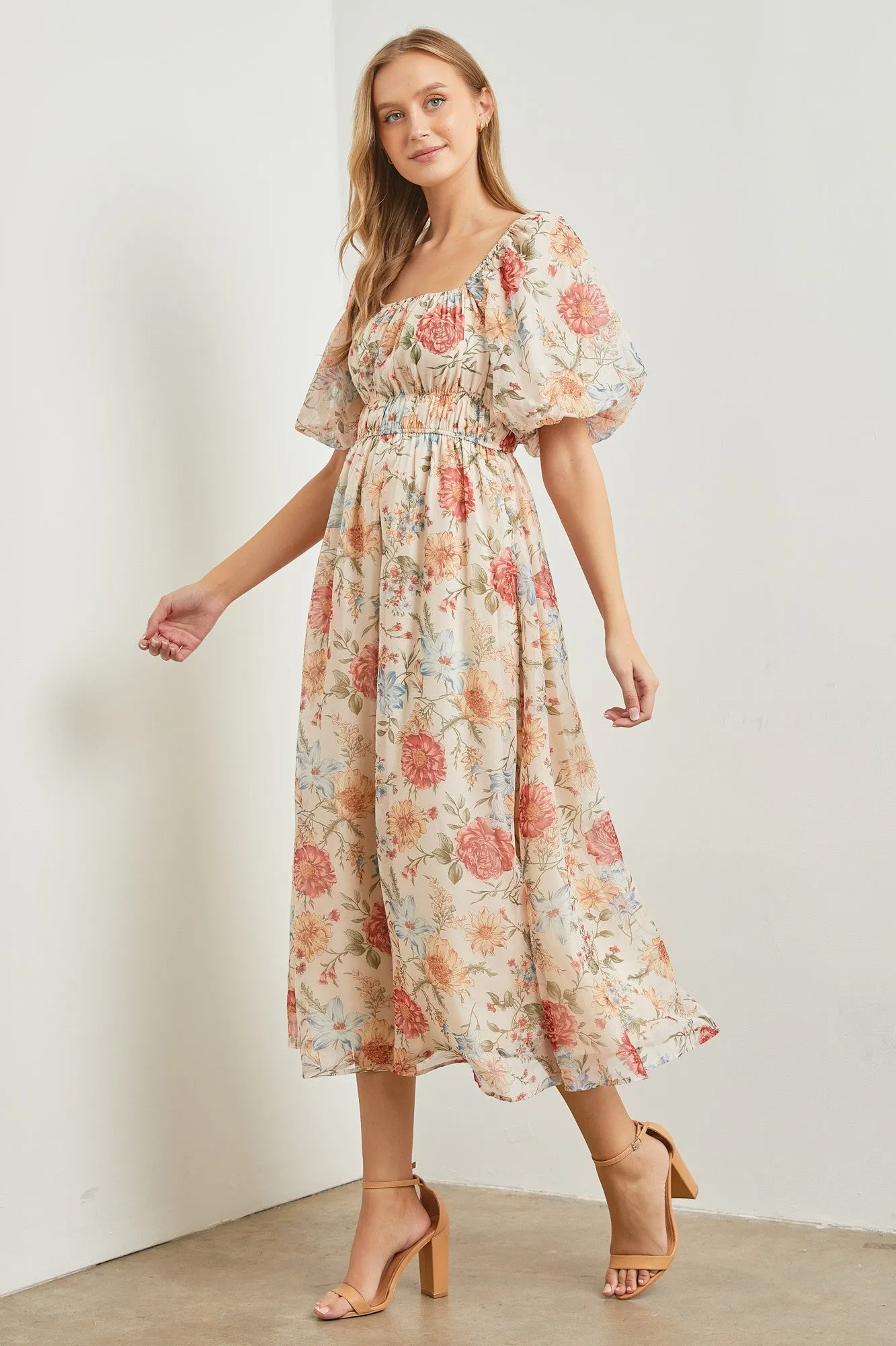 Cream Blue Floral Chiffon Puff Sleeve Midi Dress sold by Pinkblush