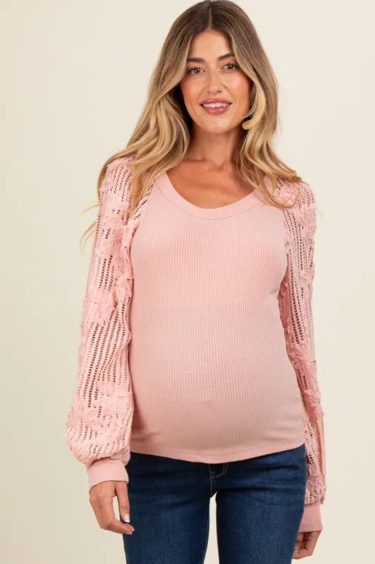 Light Pink Floral Lace Balloon Sleeve Maternity Top sold by Pinkblush