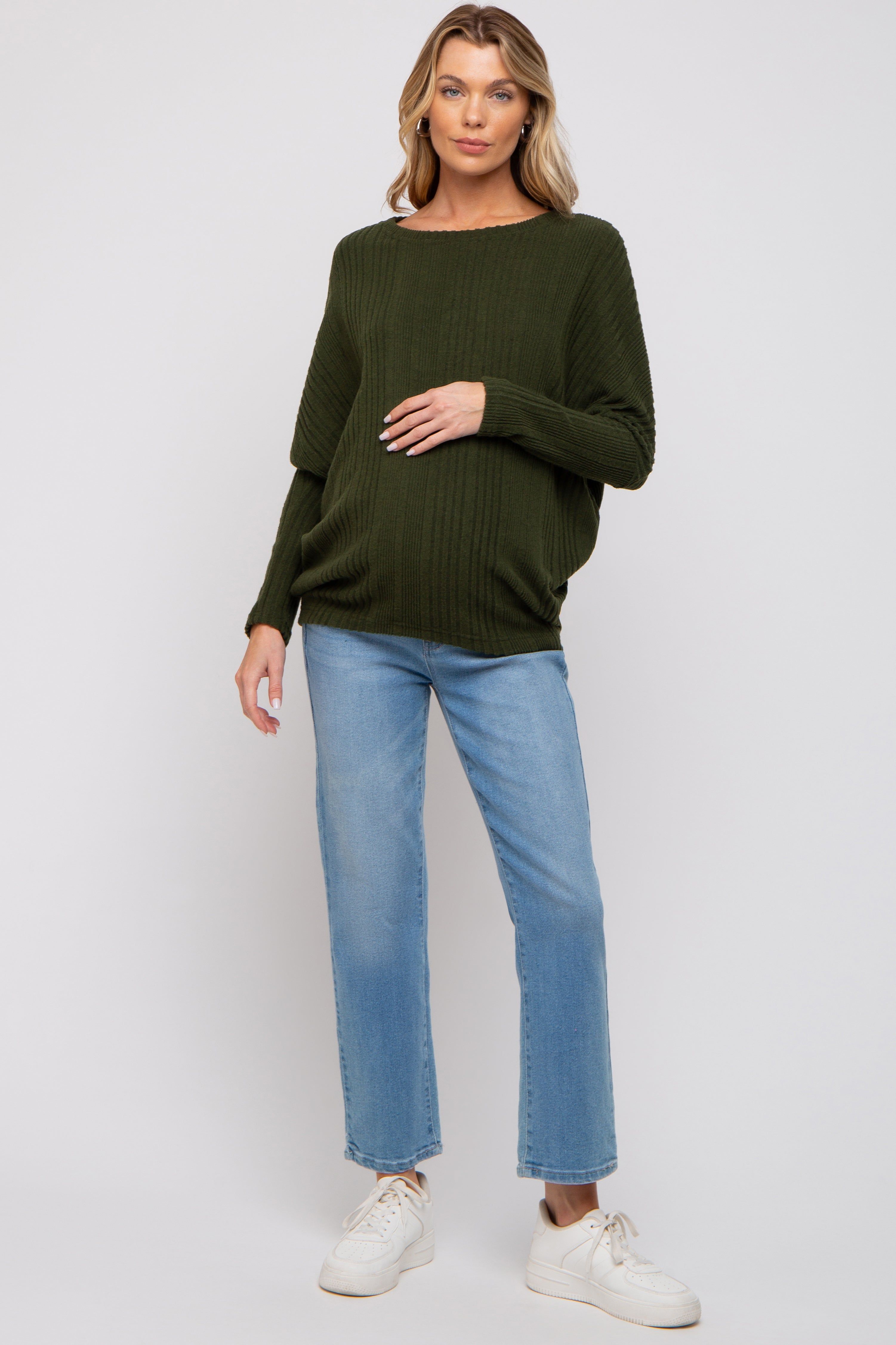 Olive Ribbed Brushed Knit Dolman Sleeve Maternity Top sold by Pinkblush product image thumbnail 2