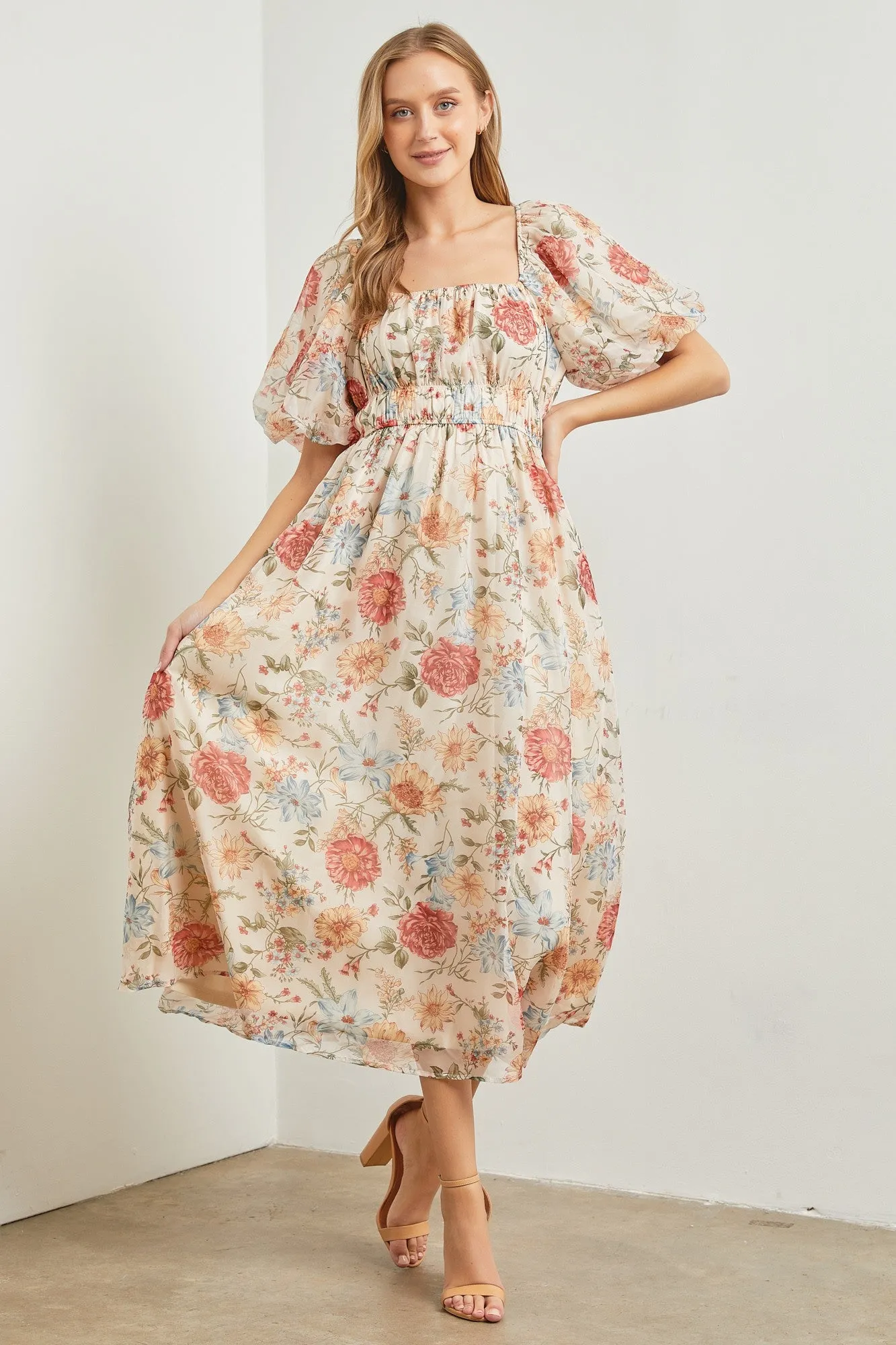 Cream Blue Floral Chiffon Puff Sleeve Midi Dress sold by Pinkblush product image thumbnail 2