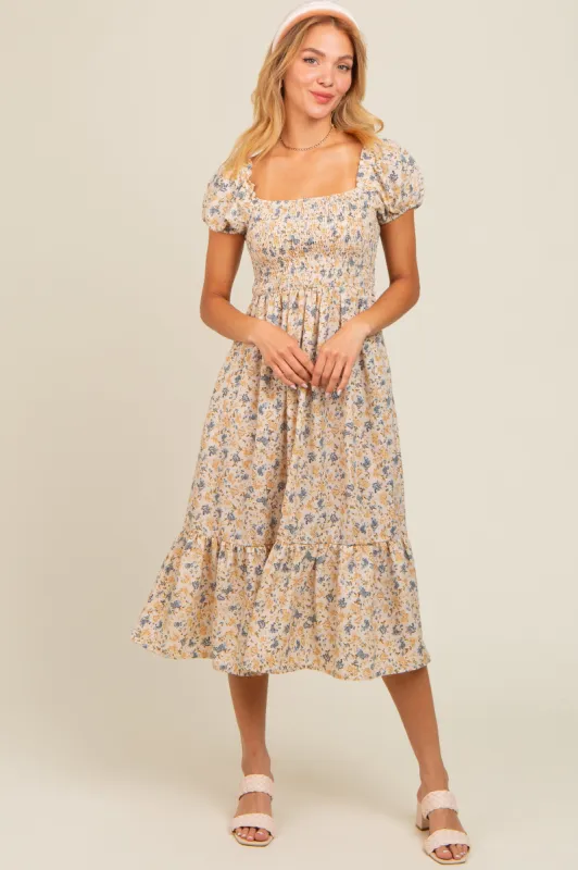 Cream Floral Smocked Ruffle Hem Midi Dress sold by Pinkblush