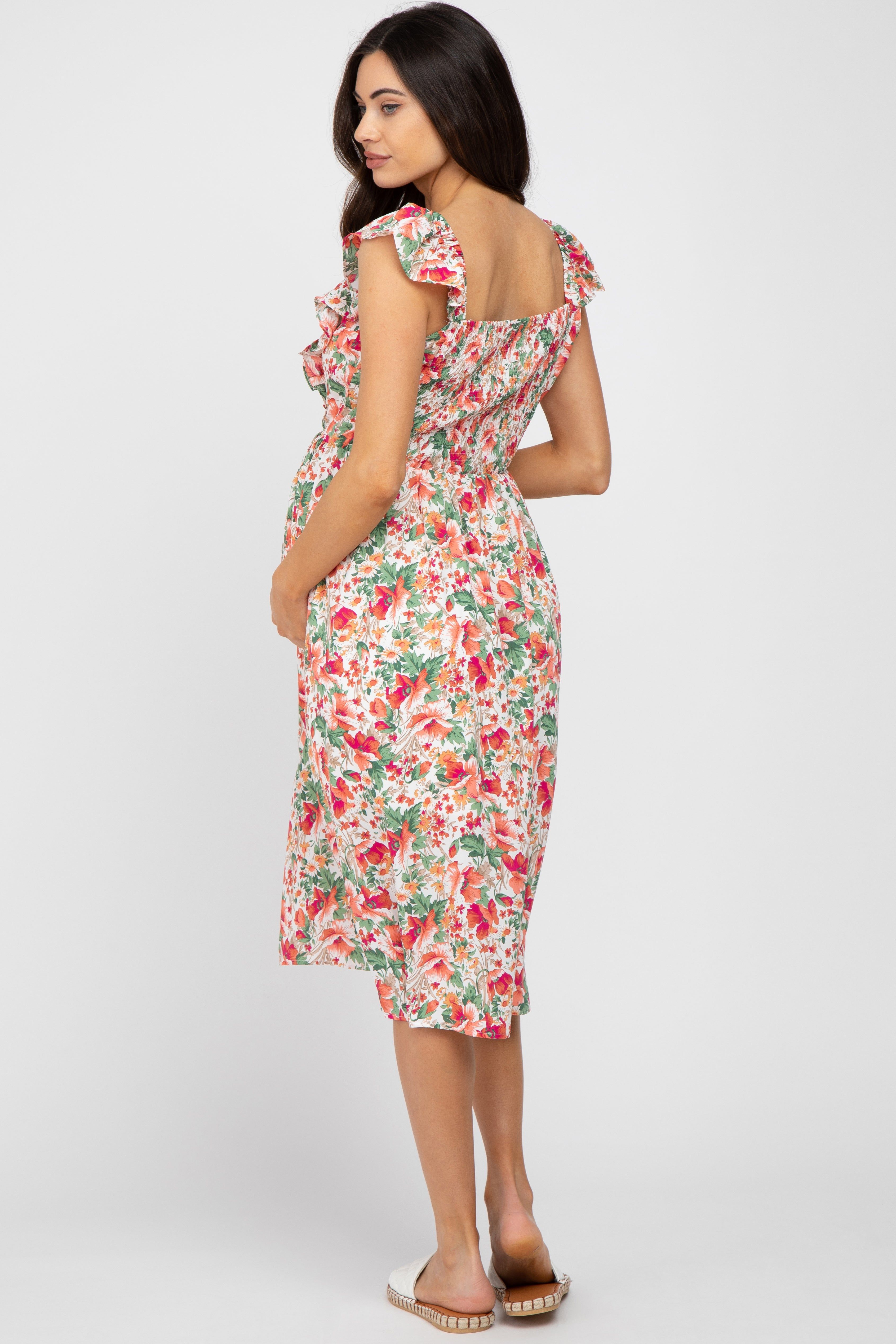 Ivory Floral Ruffle Accent Maternity Midi Dress sold by Pinkblush product image thumbnail 3