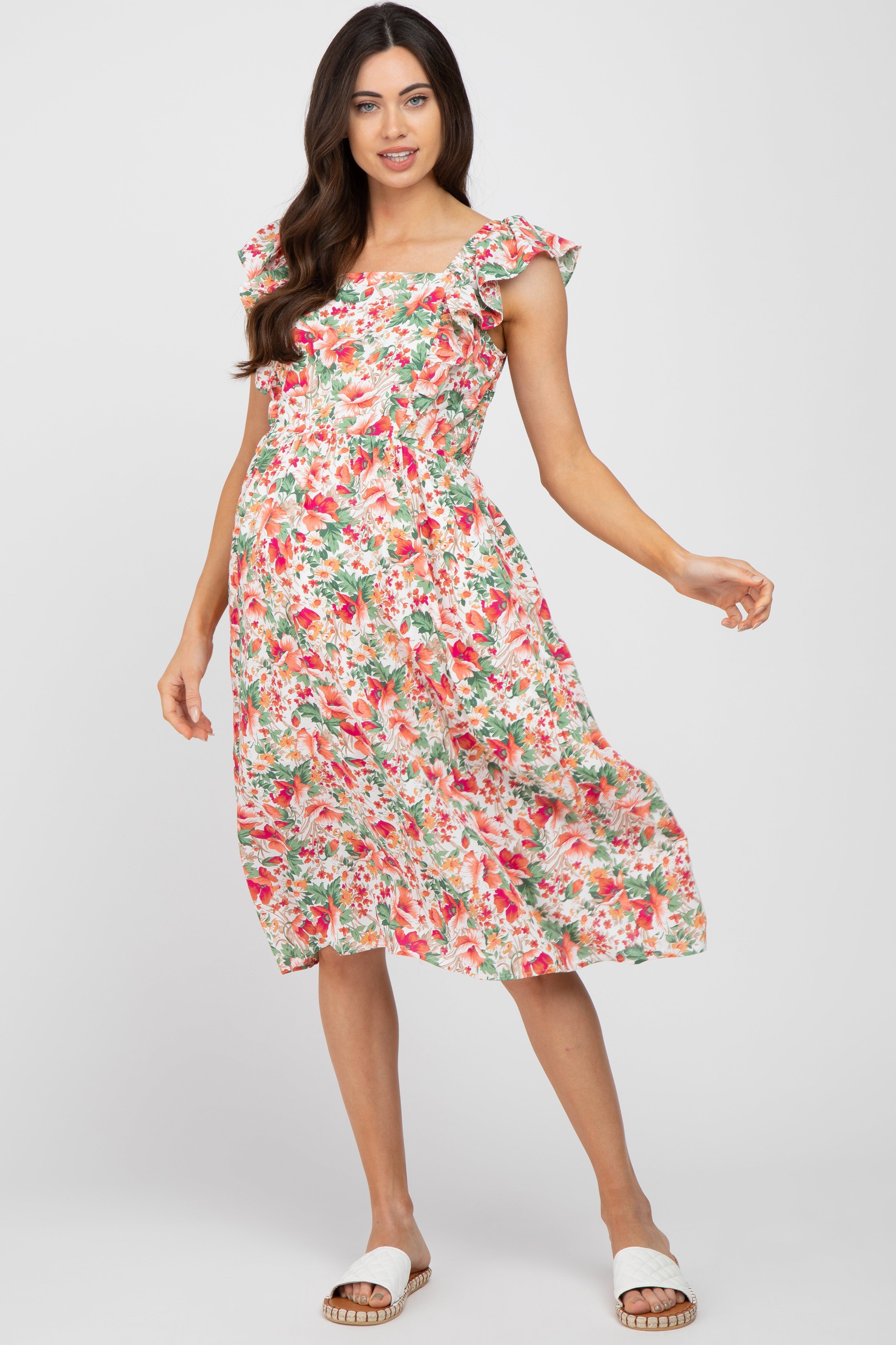 Ivory Floral Ruffle Accent Maternity Midi Dress sold by Pinkblush