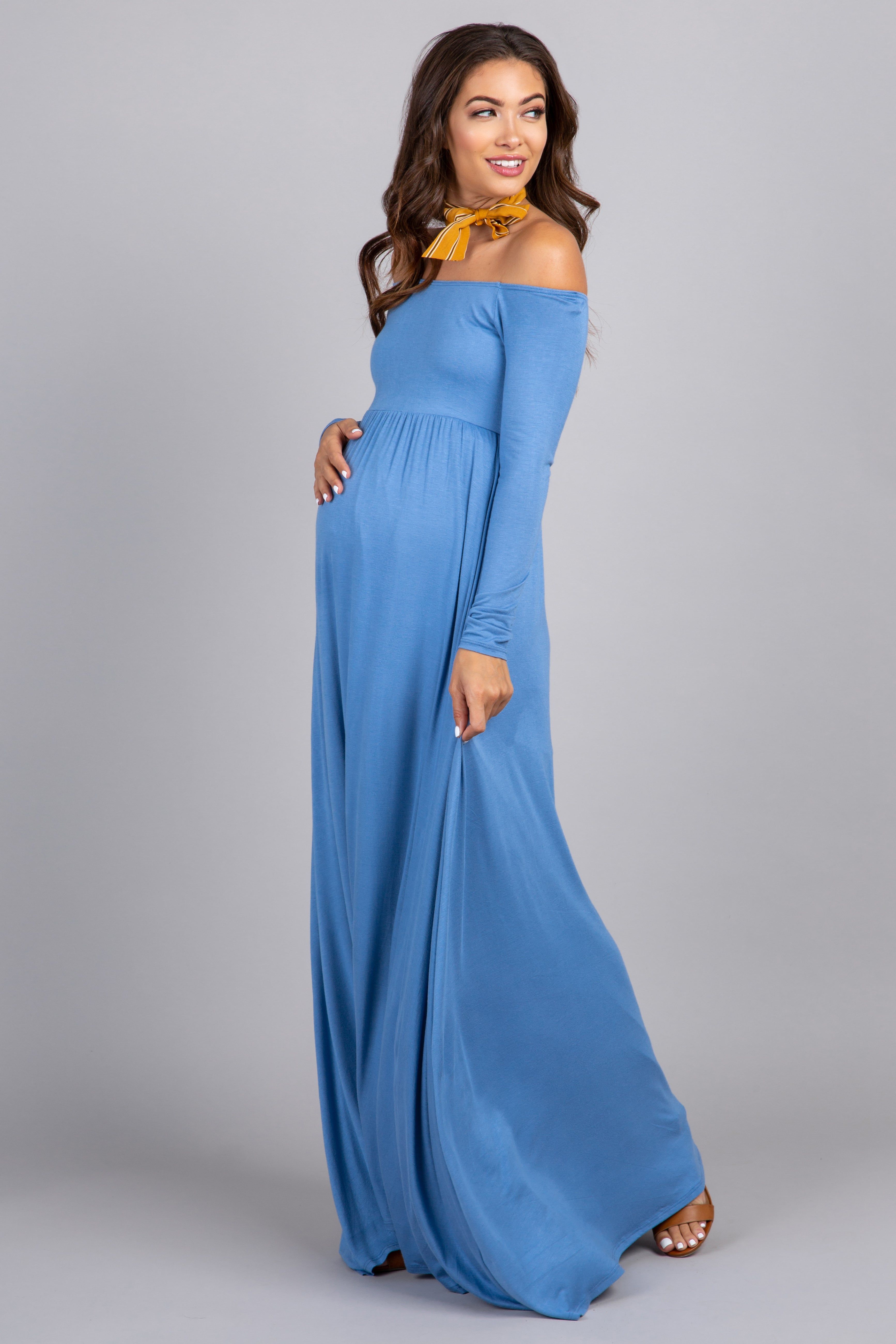 PinkBlush Tall Blue Off Shoulder Maternity Maxi Dress sold by Pinkblush product image thumbnail 4