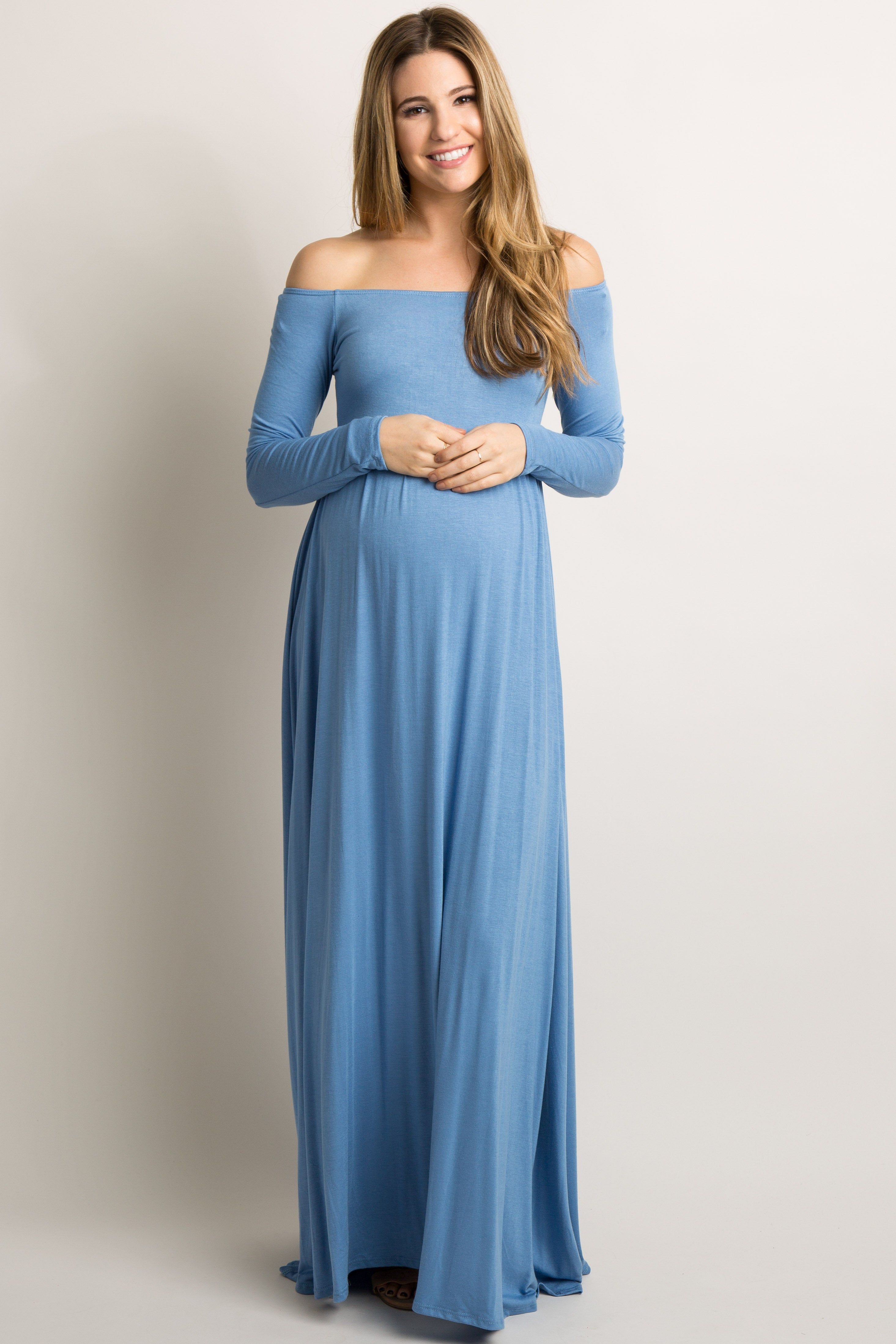 PinkBlush Tall Blue Off Shoulder Maternity Maxi Dress sold by Pinkblush