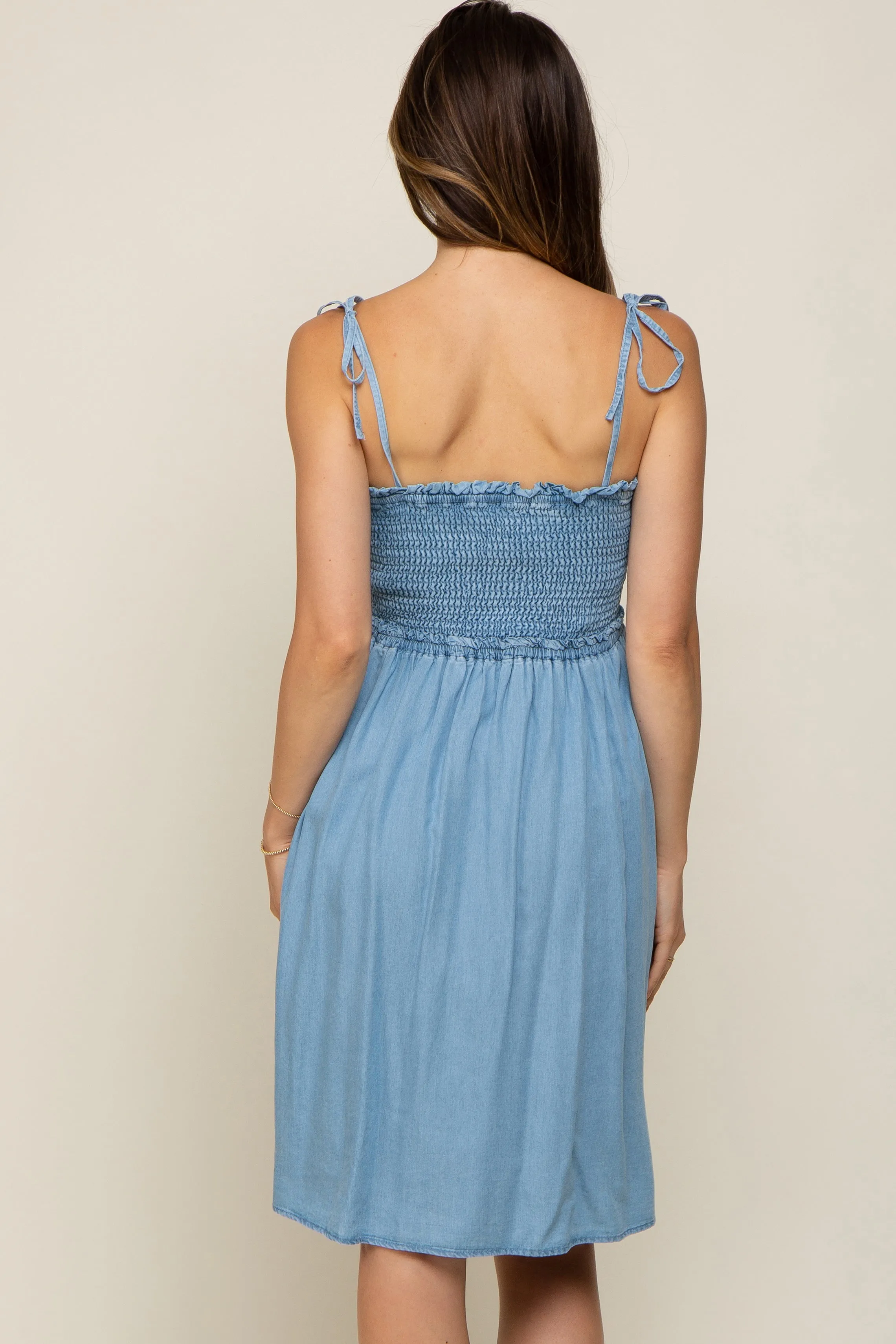 Blue Chambray Smocked Shoulder Tie Maternity Dress sold by Pinkblush product image thumbnail 4