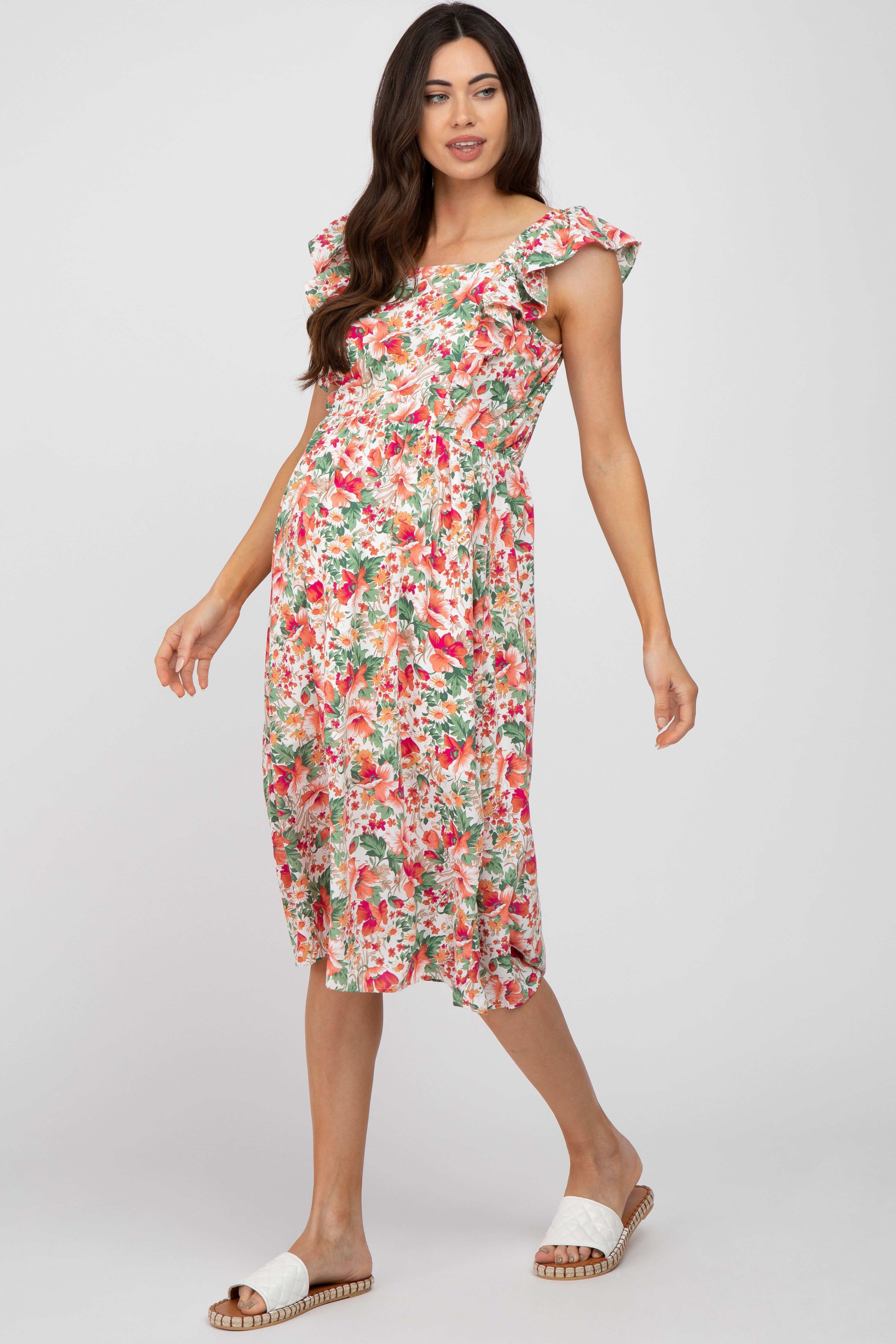 Ivory Floral Ruffle Accent Maternity Midi Dress sold by Pinkblush product image thumbnail 2