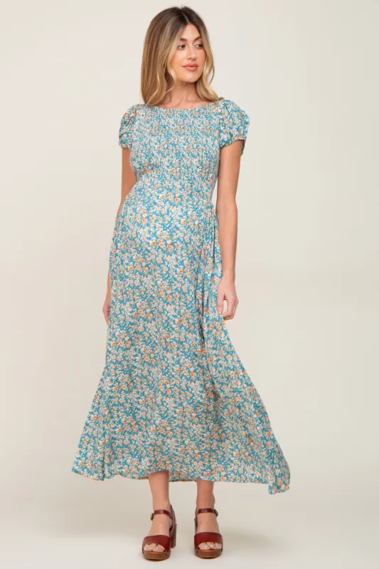 Jade Floral Smocked Open Criss Cross Back Maternity Maxi Dress sold by Pinkblush