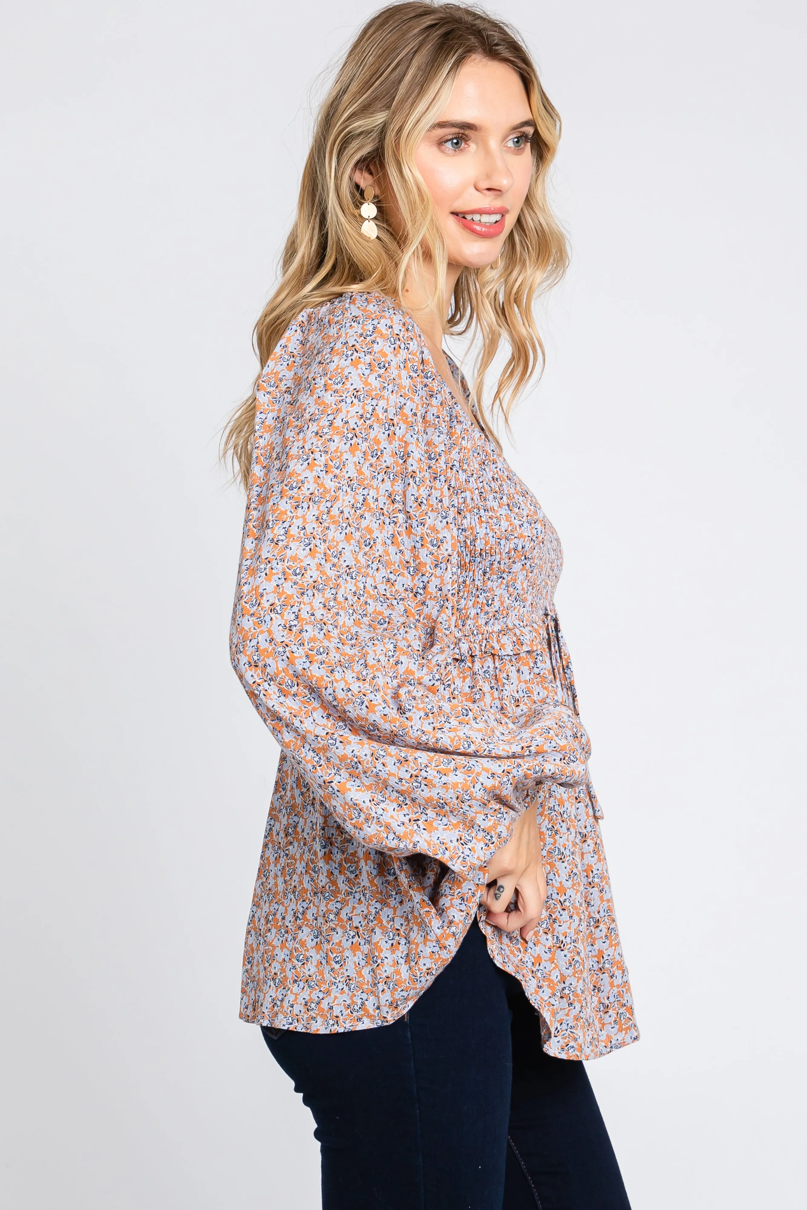 Rust Floral Smocked Front Tie Long Sleeve Top sold by Pinkblush product image thumbnail 2