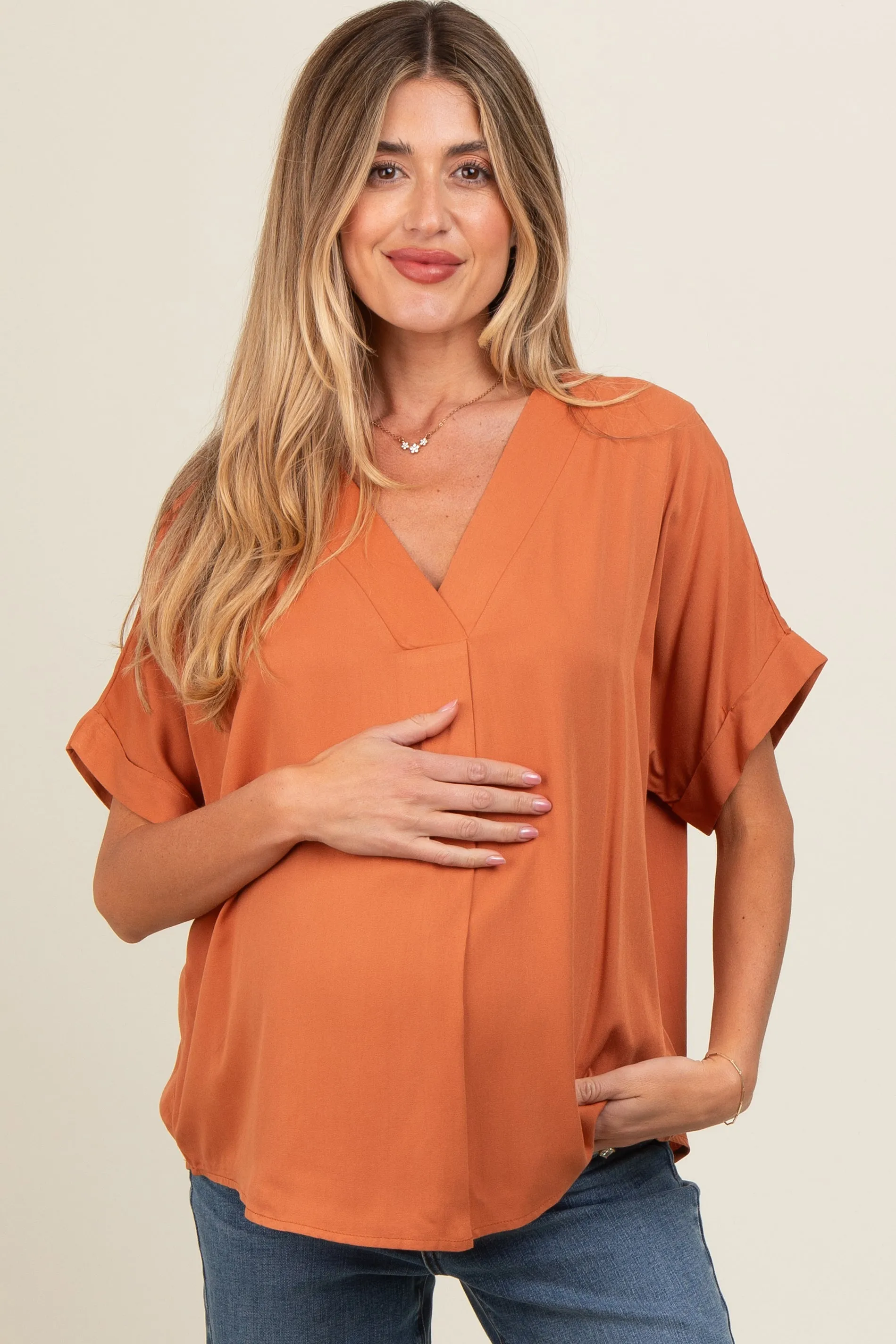 Orange V-Neck Pin-Tuck Detail Maternity Top sold by Pinkblush