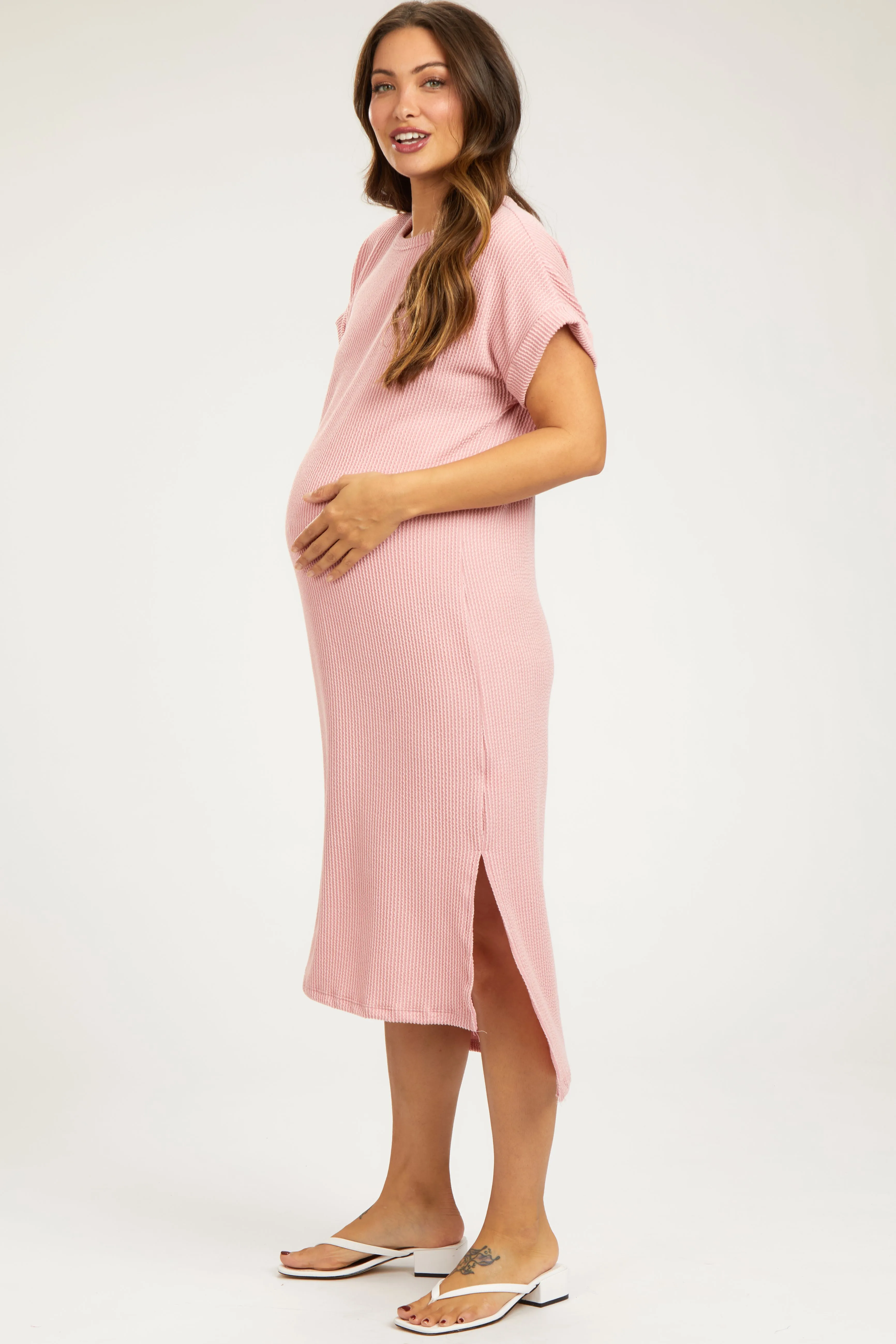 Light Pink Ribbed Short Sleeve Maternity Midi Dress sold by Pinkblush product image thumbnail 2