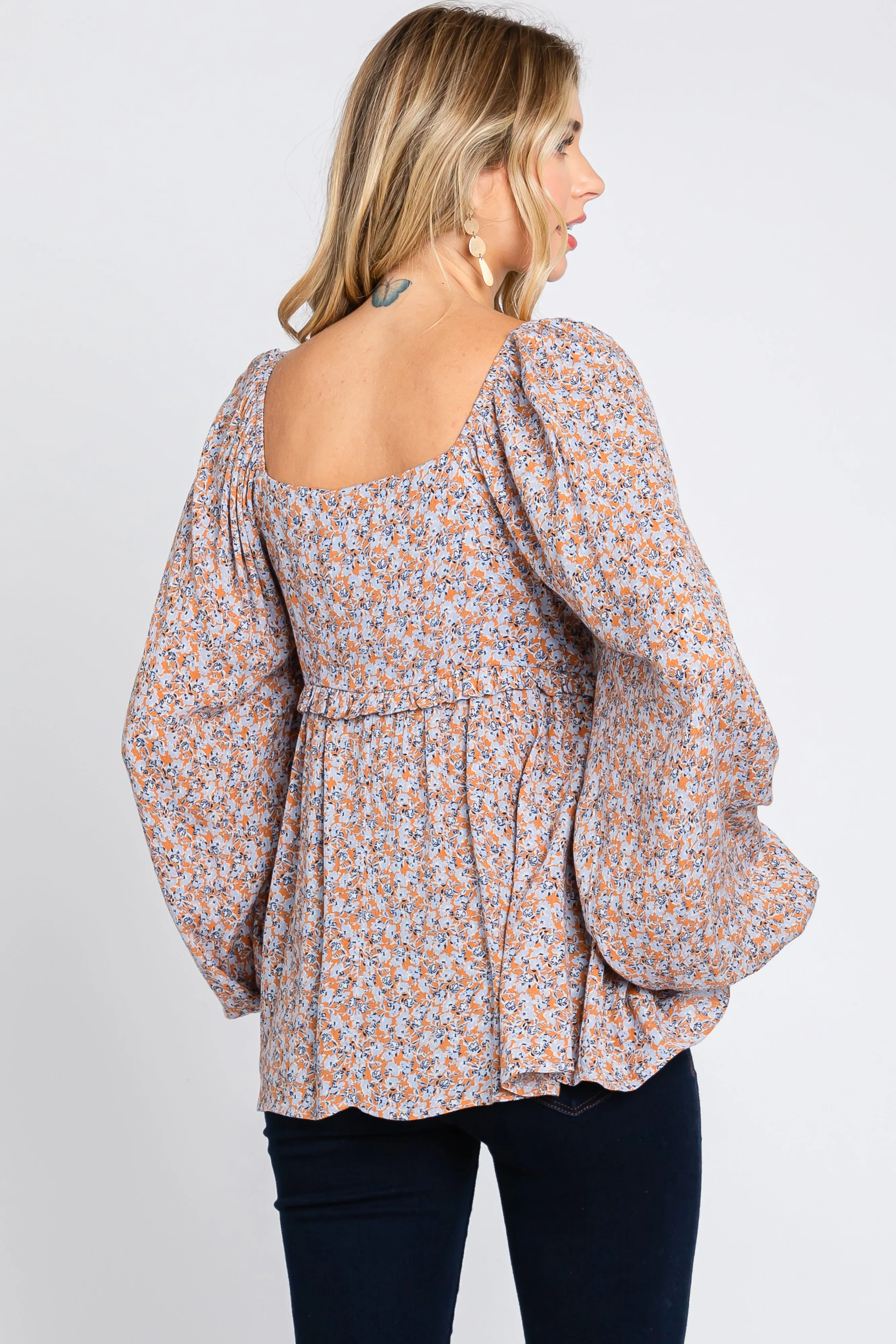 Rust Floral Smocked Front Tie Long Sleeve Top sold by Pinkblush product image thumbnail 3