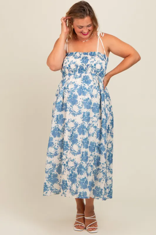 Cream Floral Smocked Maternity Plus Midi Dress sold by Pinkblush