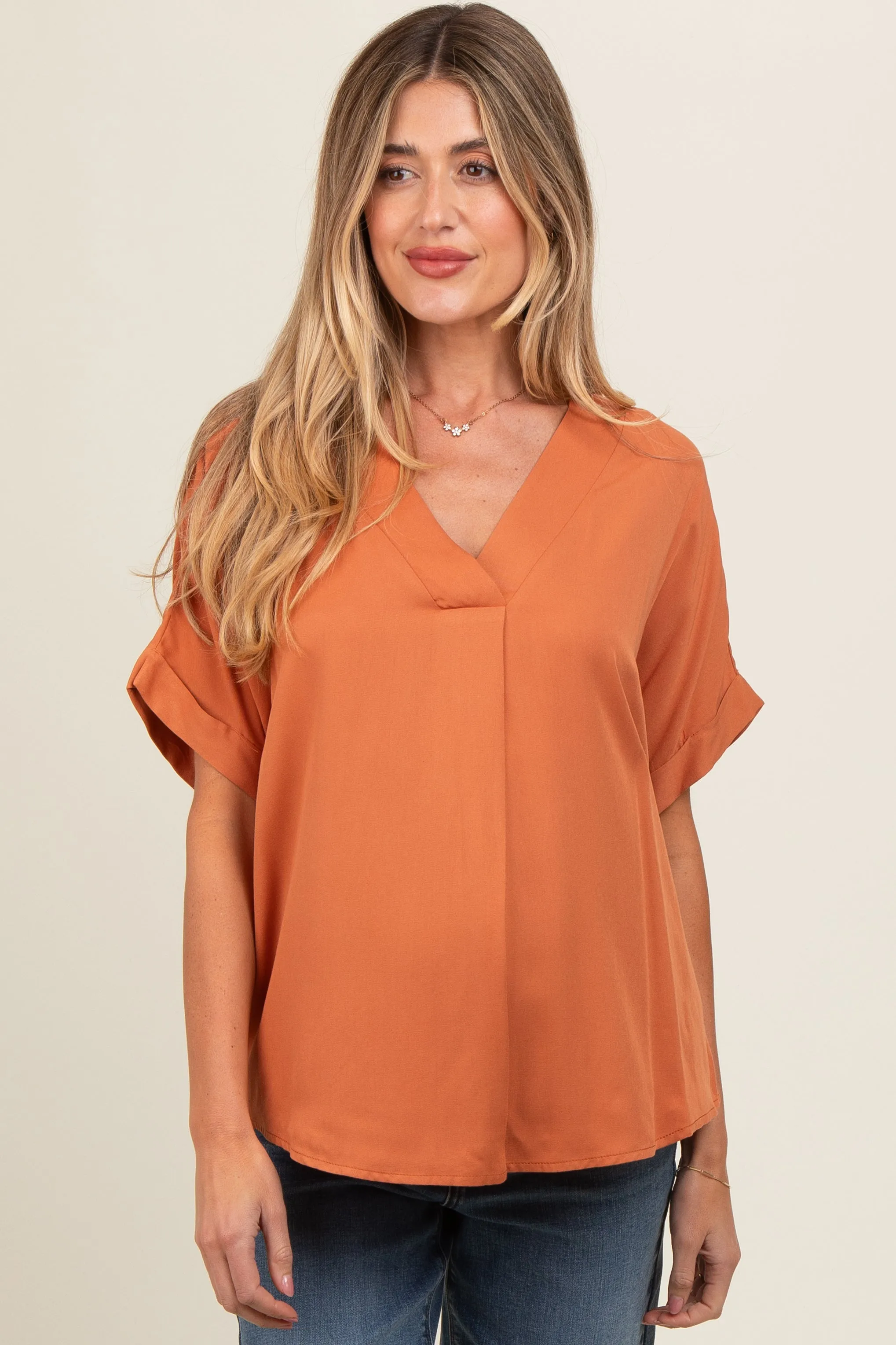Orange V-Neck Pin-Tuck Detail Maternity Top sold by Pinkblush product image thumbnail 2