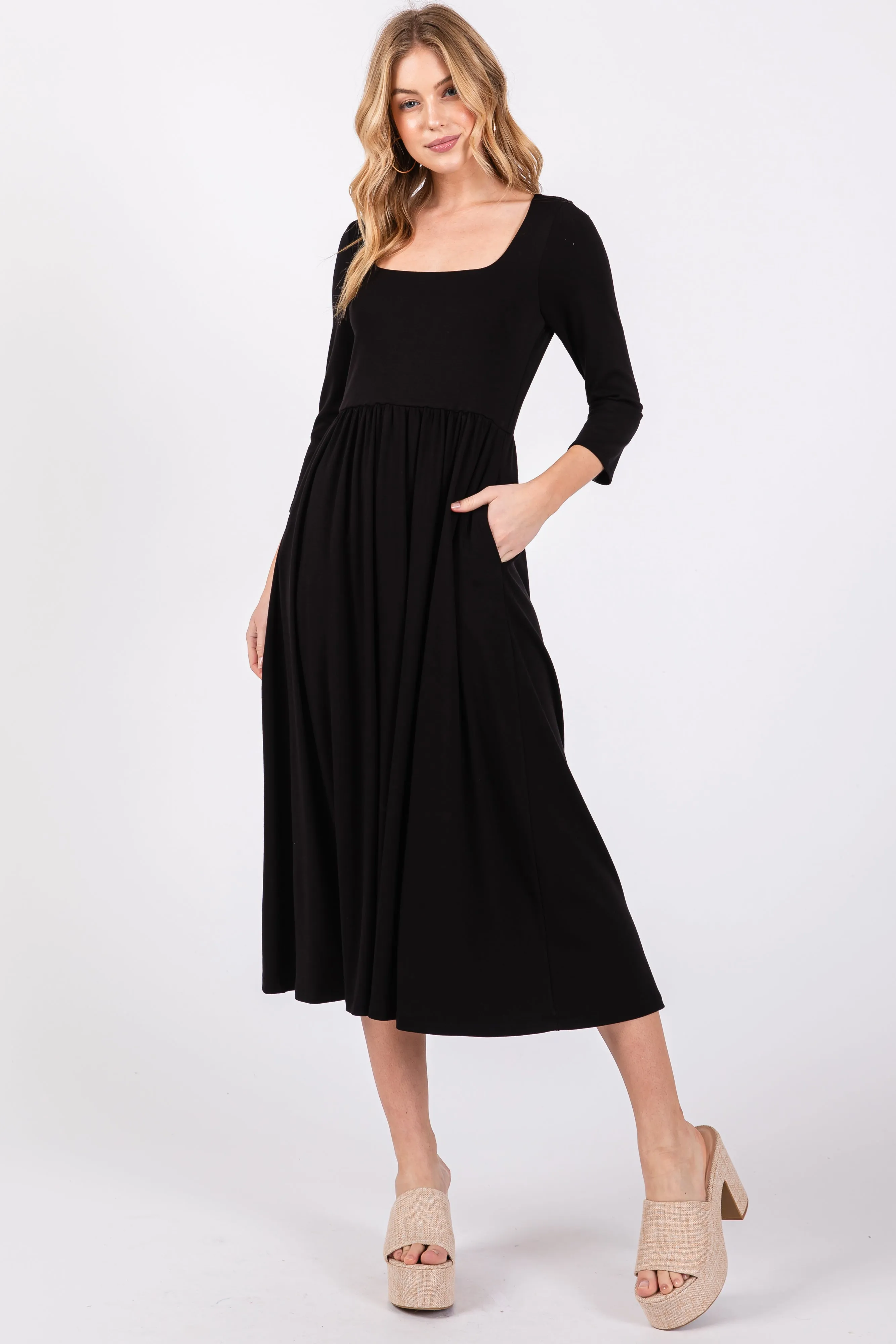 Black Square Neck 3/4 Sleeve Maternity Midi Dress sold by Pinkblush product image thumbnail 3