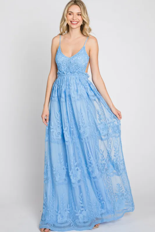 Blue Crochet Lace Open Back Maxi Dress sold by Pinkblush