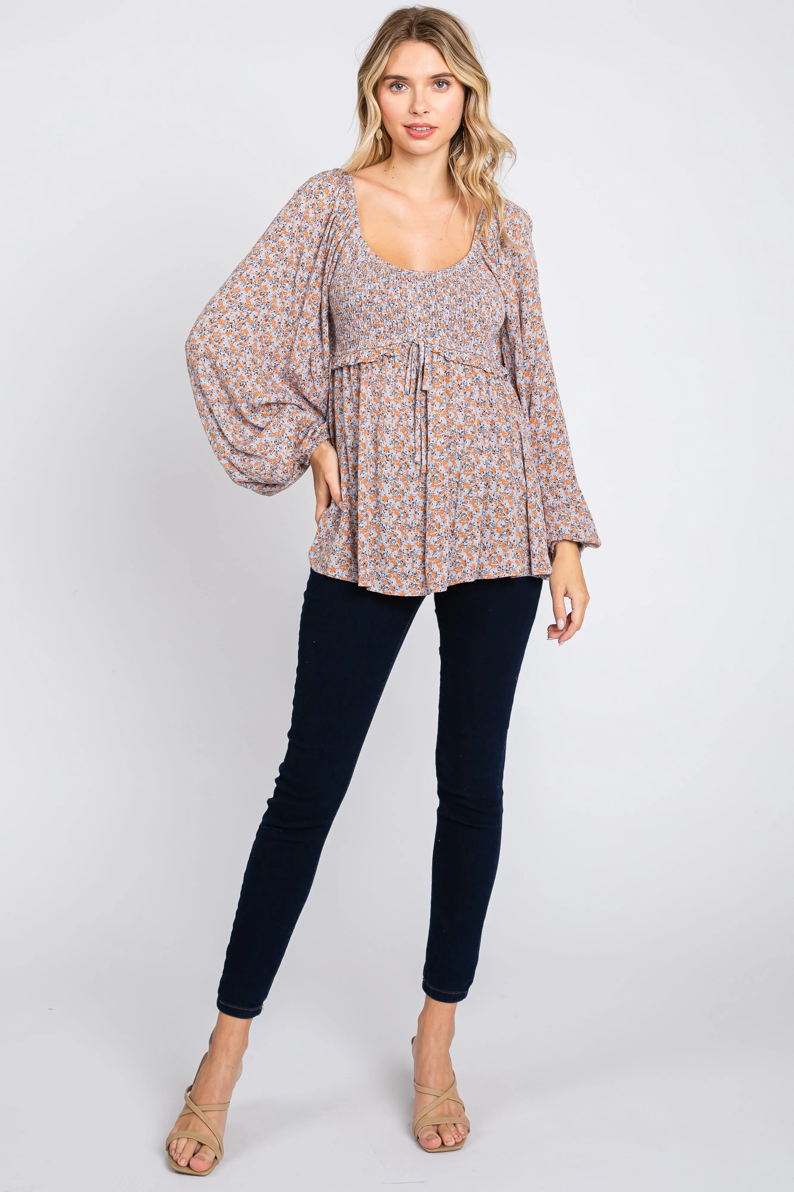 Rust Floral Smocked Front Tie Long Sleeve Top sold by Pinkblush product image thumbnail 4
