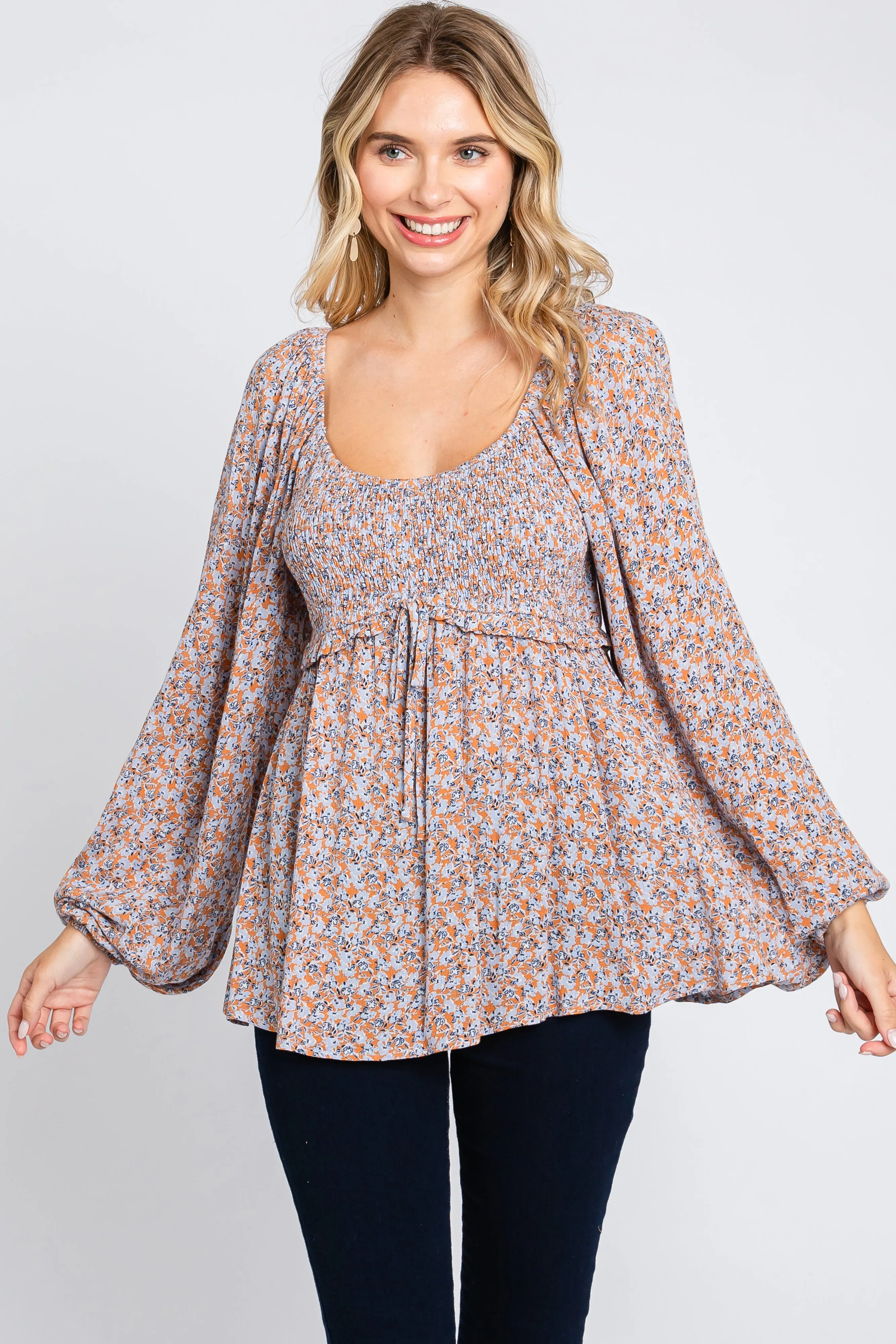 Rust Floral Smocked Front Tie Long Sleeve Top sold by Pinkblush