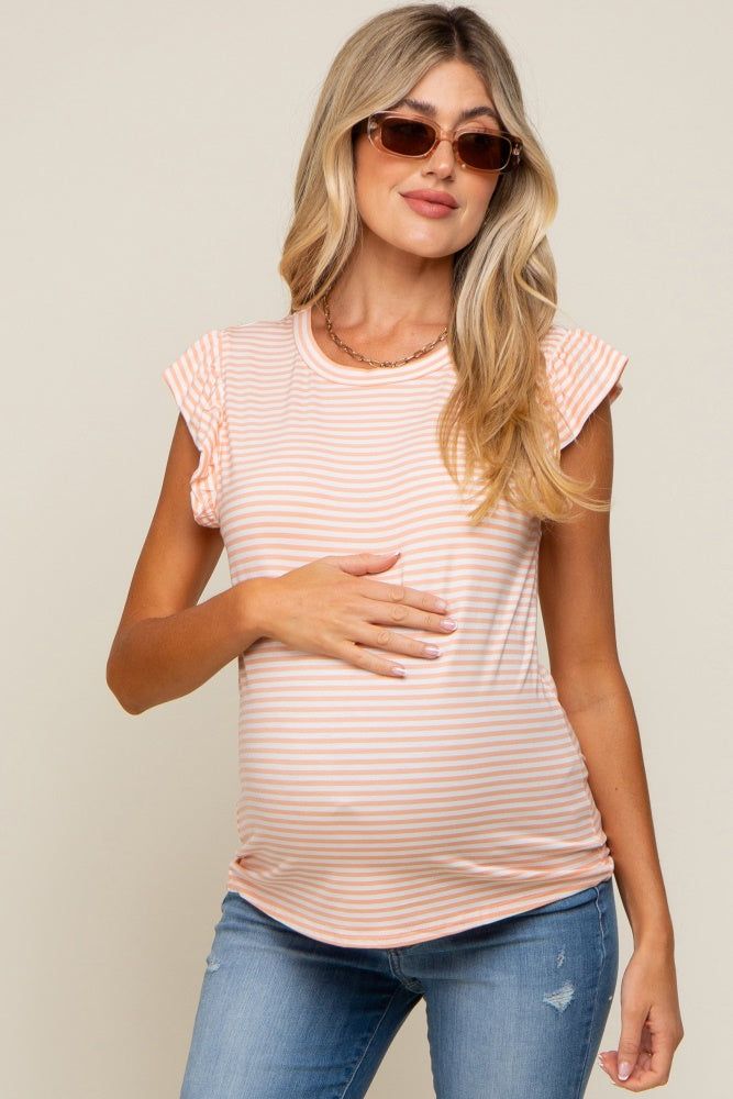 Coral Striped Flutter Sleeve Maternity Top sold by Pinkblush