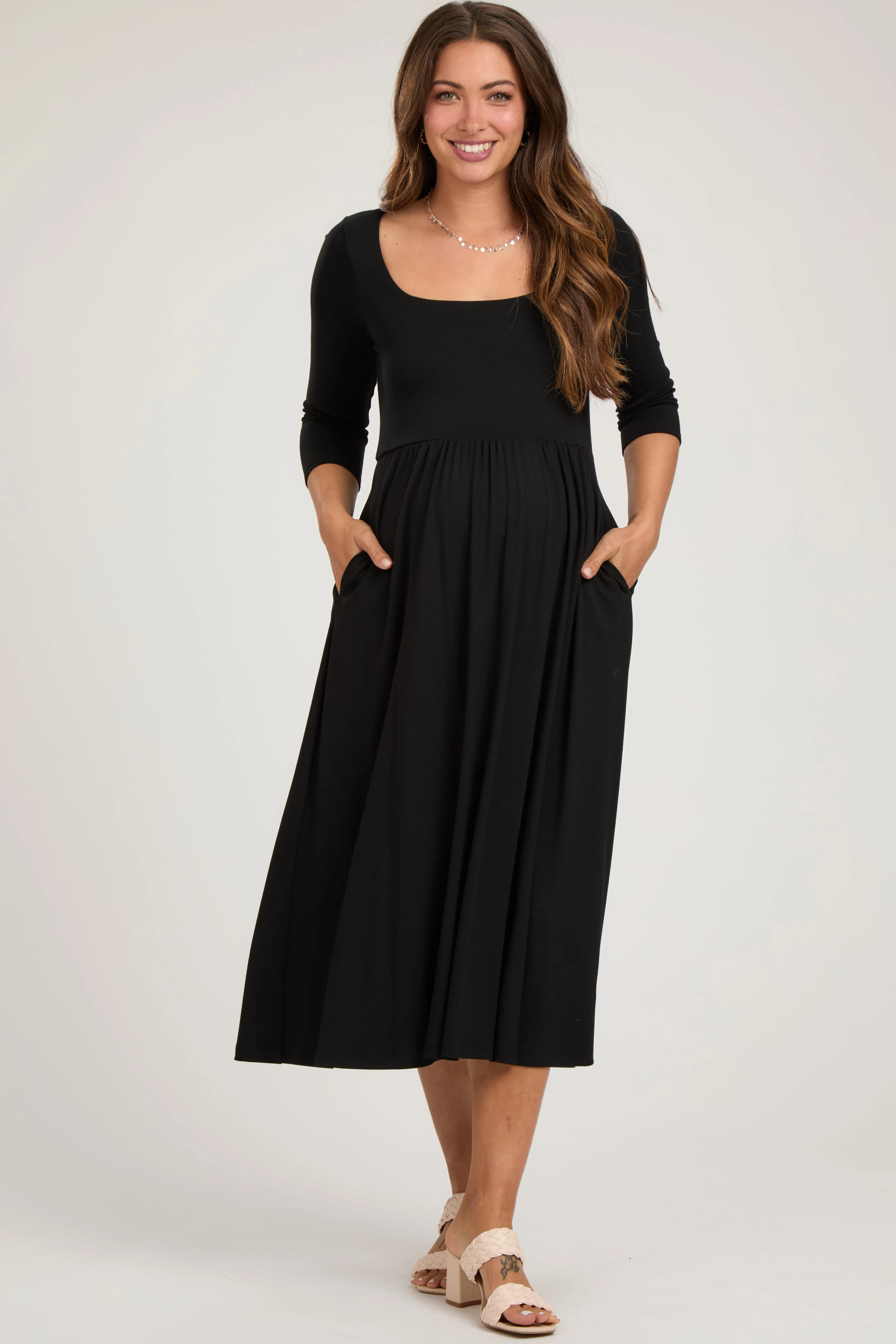 Black Square Neck 3/4 Sleeve Maternity Midi Dress sold by Pinkblush