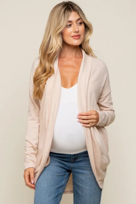 Beige Ribbed Open Front Maternity Cardigan sold by Pinkblush