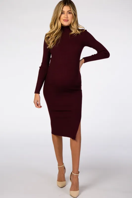 Burgundy Ribbed Fitted Mock Neck Long Sleeve Maternity Midi Dress sold by Pinkblush