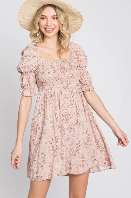 Pink Floral Smocked Square Neck Puff Sleeve Dress sold by Pinkblush