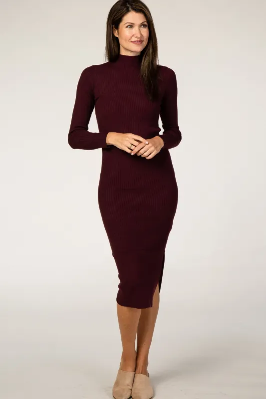 Burgundy Ribbed Fitted Mock Neck Long Sleeve Midi Dress sold by Pinkblush