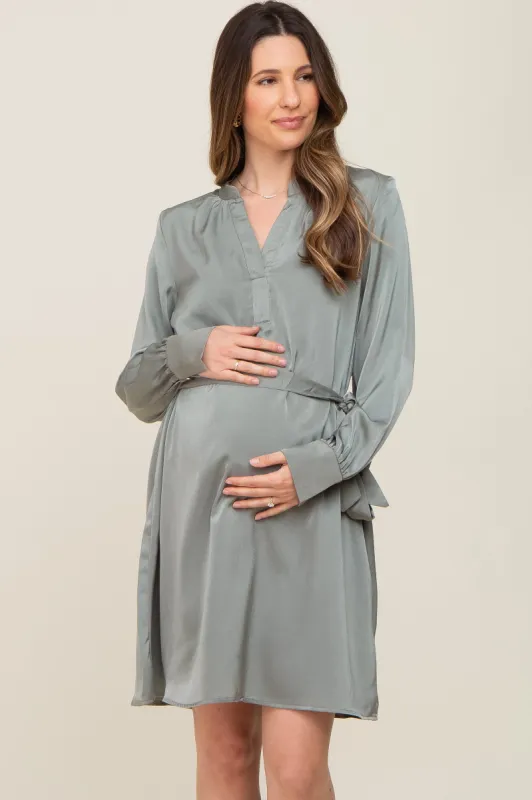 Sage Silky Sash Tie Maternity Dress sold by Pinkblush