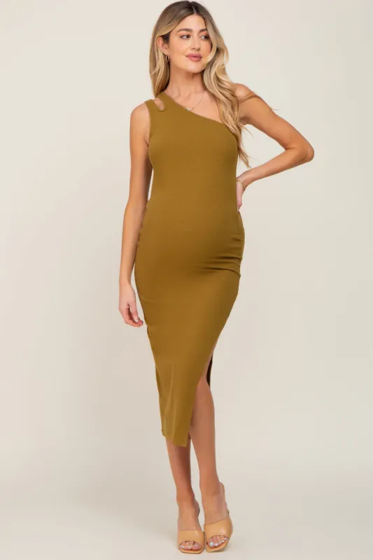 Olive One Shoulder Cutout Side Slit Maternity Midi Dress sold by Pinkblush
