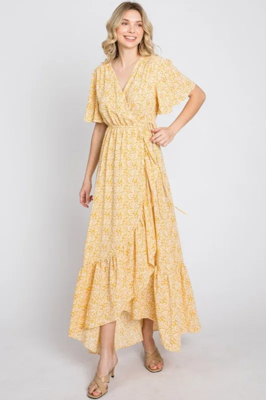 Yellow Floral Wrap Midi Dress sold by Pinkblush
