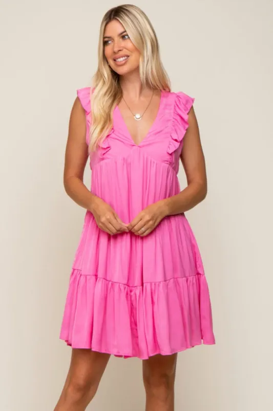 Fuchsia Satin Ruffle V-Neck Tiered Dress sold by Pinkblush