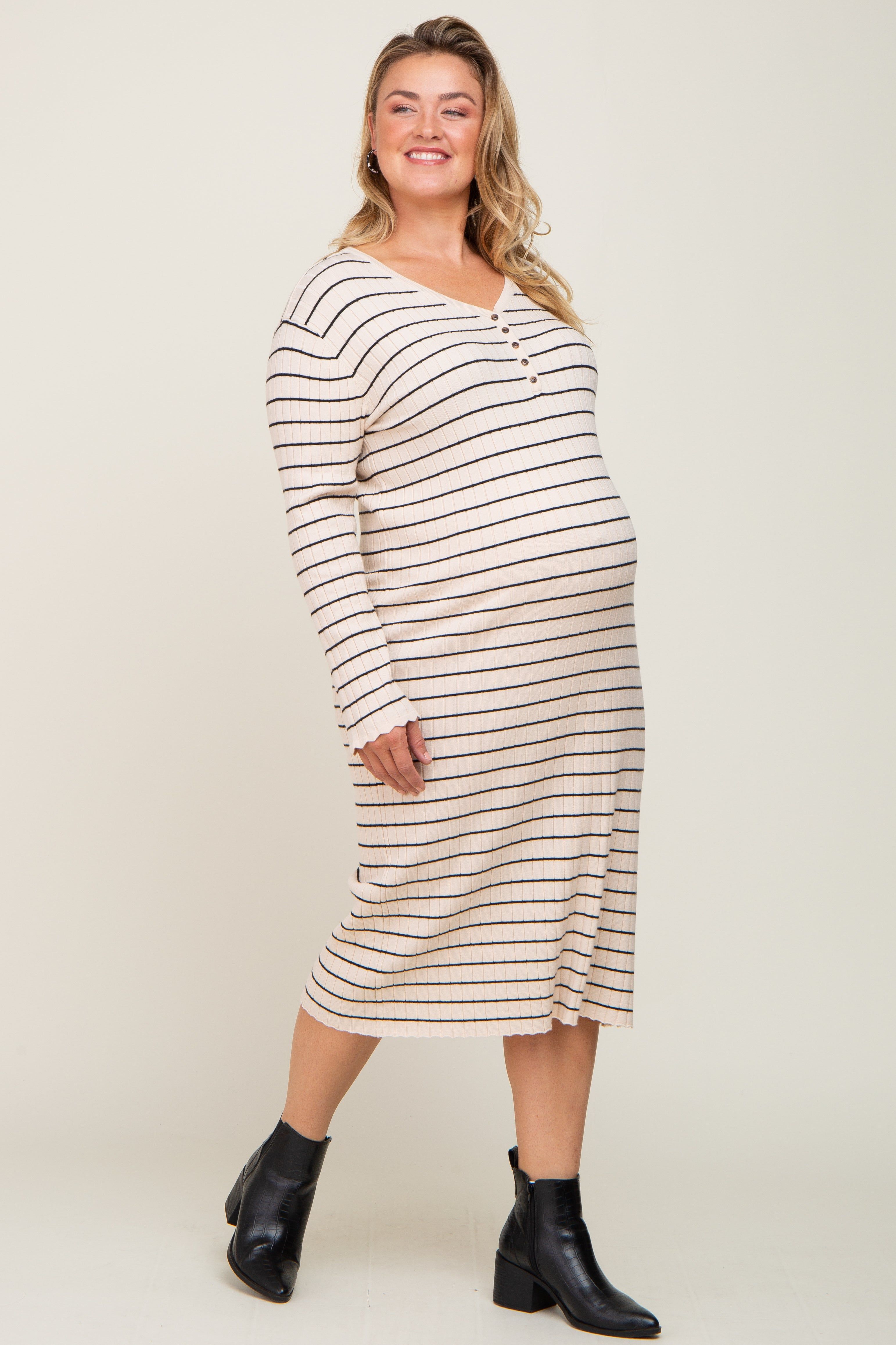 Beige Striped Long Sleeve Maternity Plus Midi Dress sold by Pinkblush product image thumbnail 4