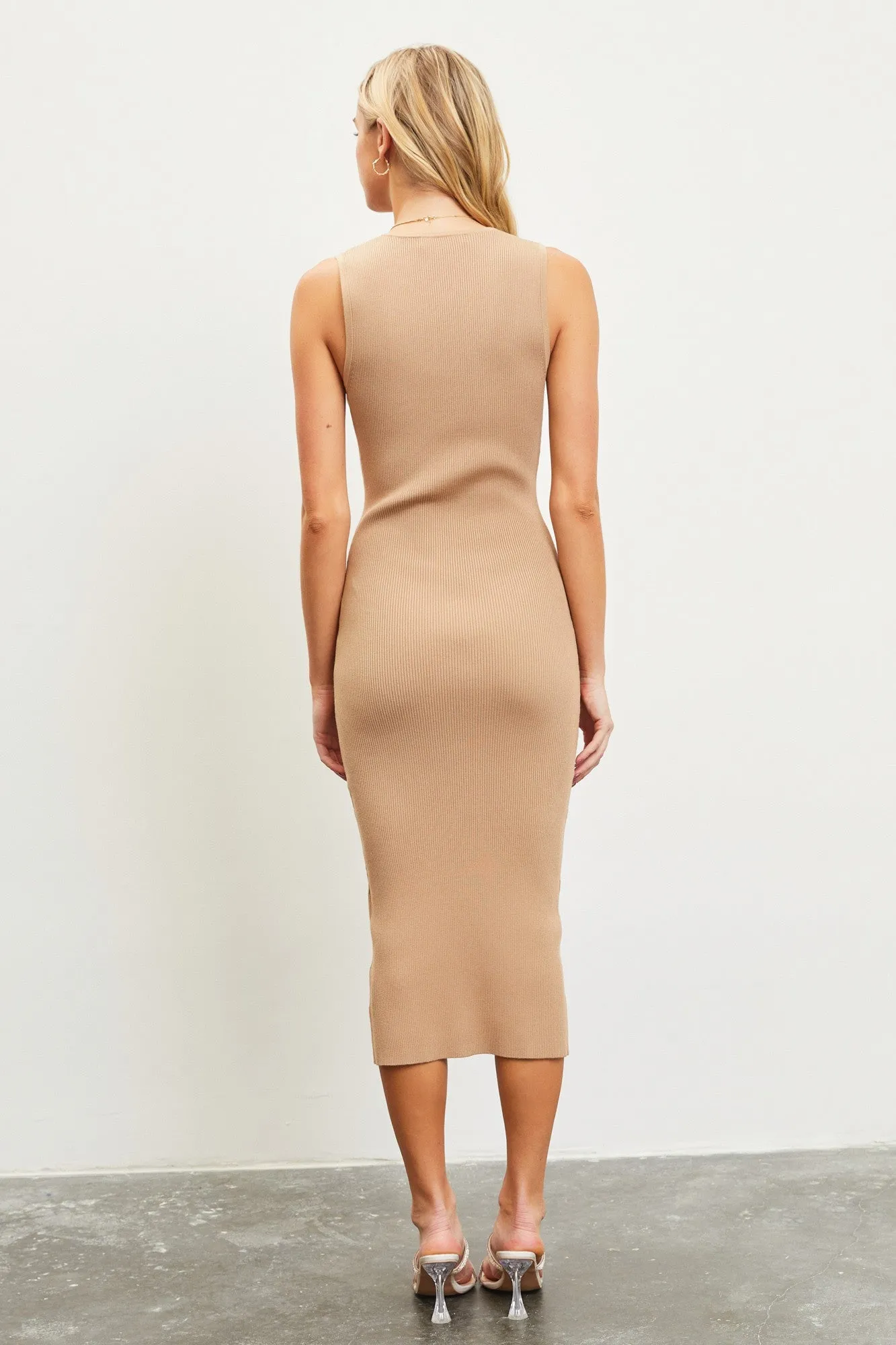 Taupe V-Neck Knit Midi Dress sold by Pinkblush product image thumbnail 3