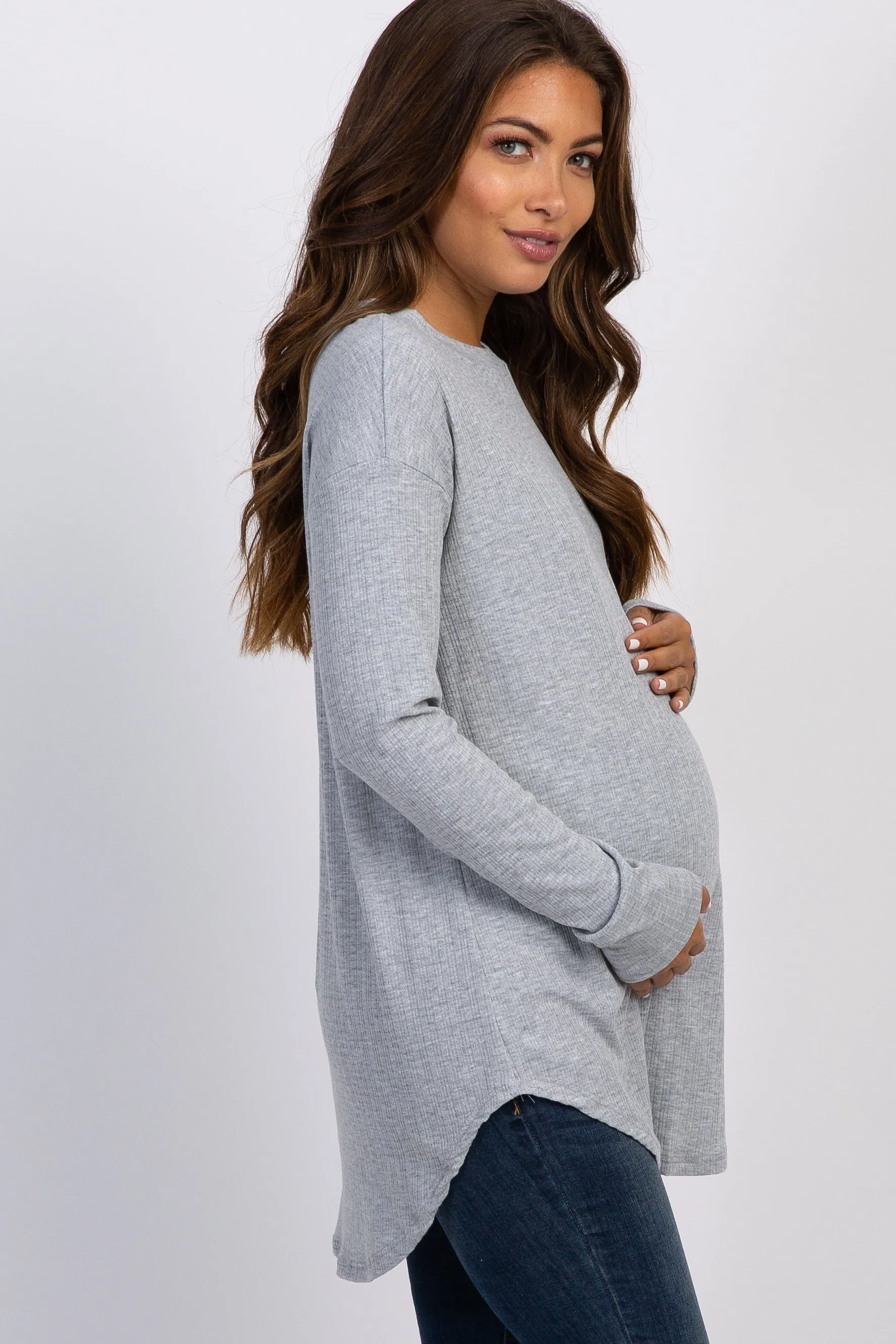 Heather Grey Long Sleeve Ribbed Maternity Top sold by Pinkblush product image thumbnail 2