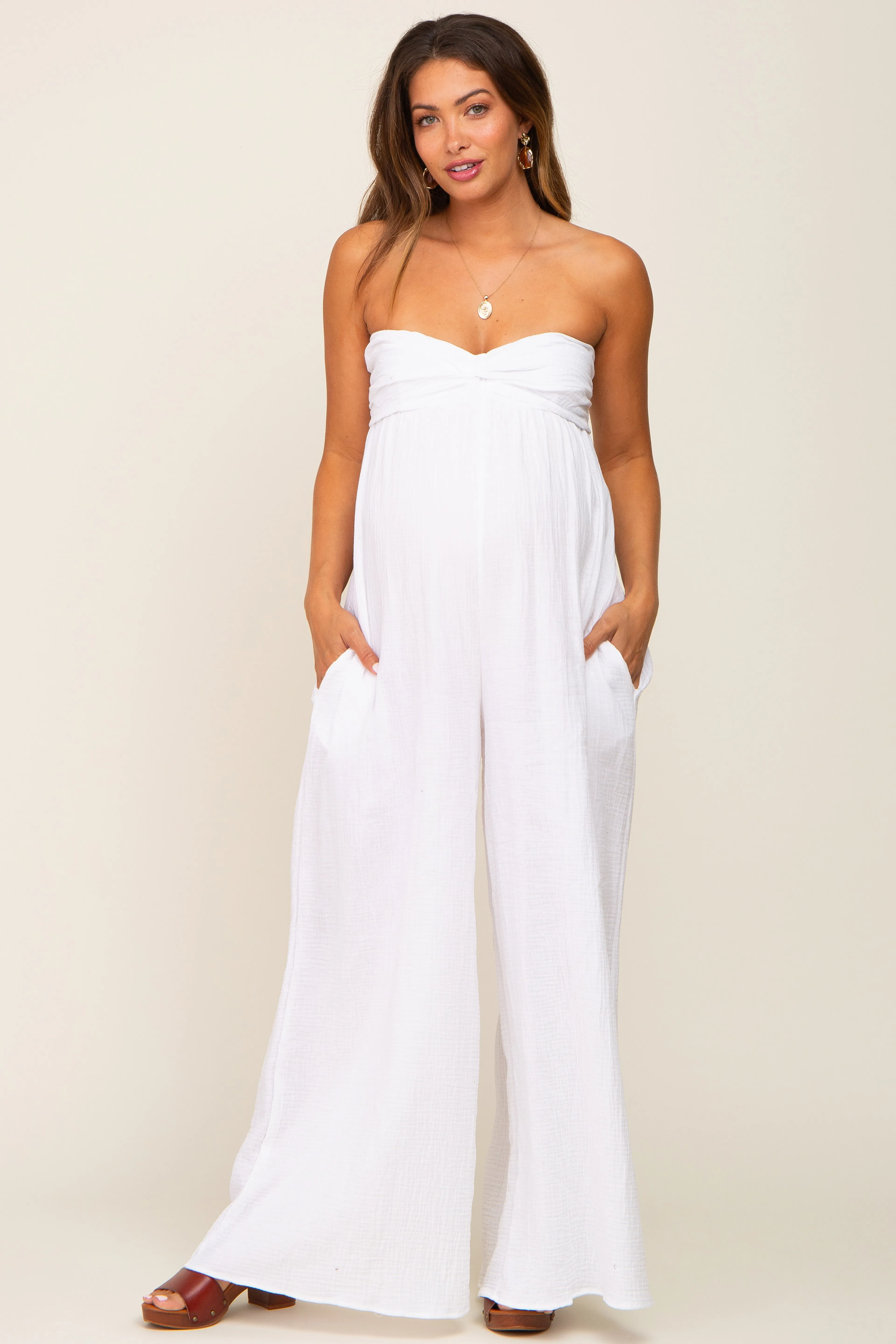 White Strapless Front Twist Maternity Jumpsuit sold by Pinkblush product image thumbnail 4