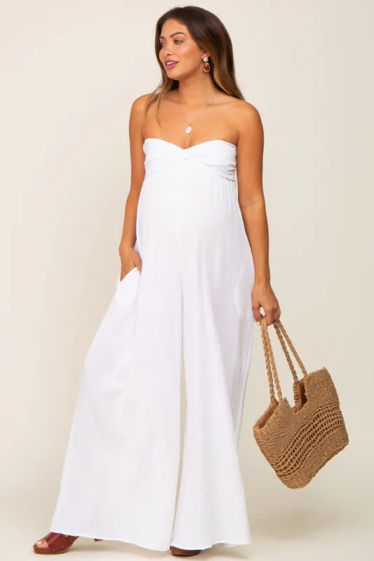 White Strapless Front Twist Maternity Jumpsuit sold by Pinkblush