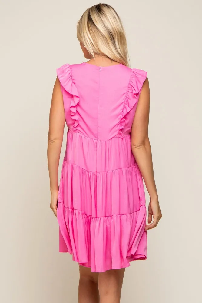 Fuchsia Satin Ruffle V-Neck Tiered Dress sold by Pinkblush product image thumbnail 3